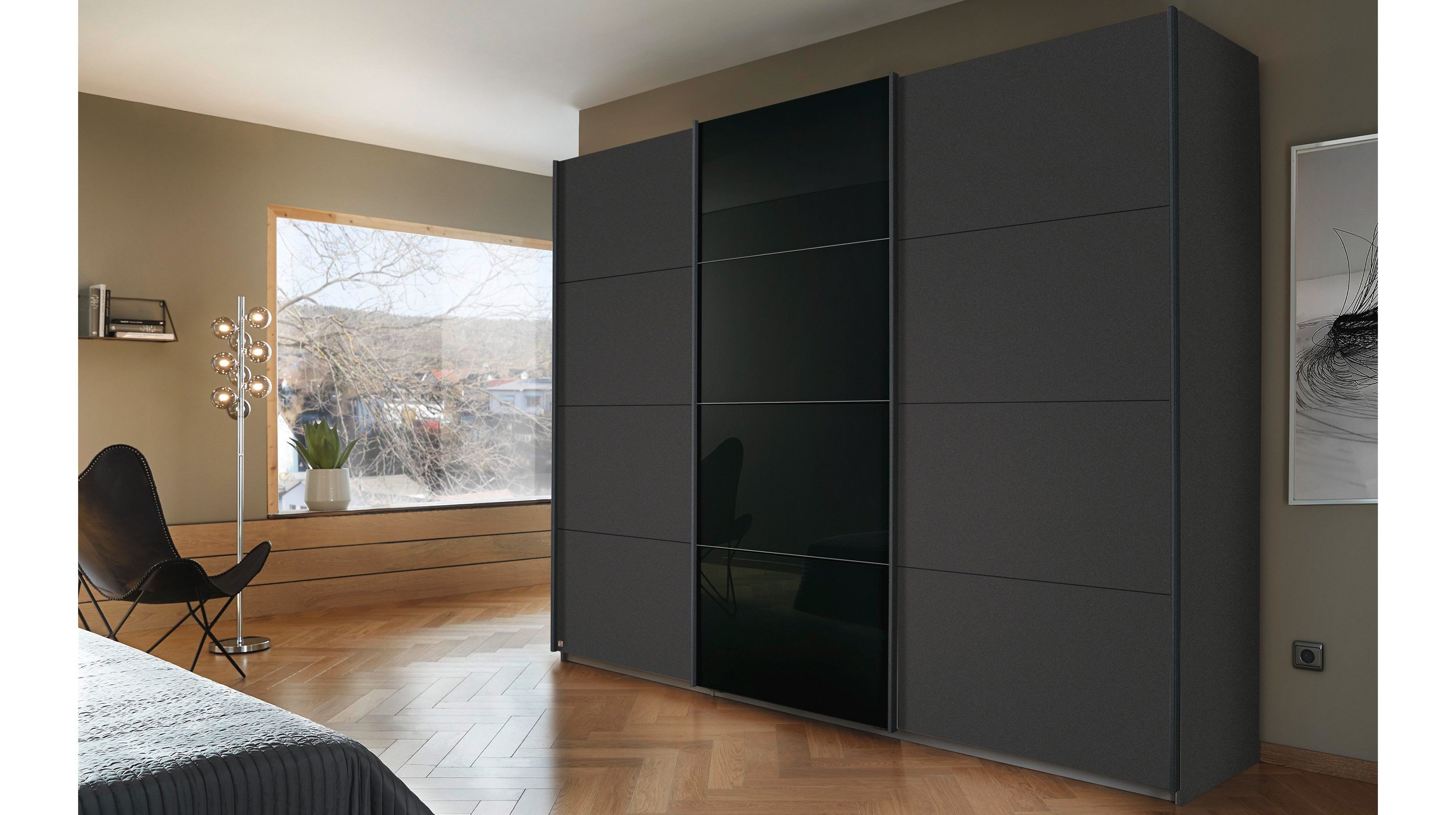Schwebetürenschrank grau Glasfront - 271 cm- rauch - KULMBACH