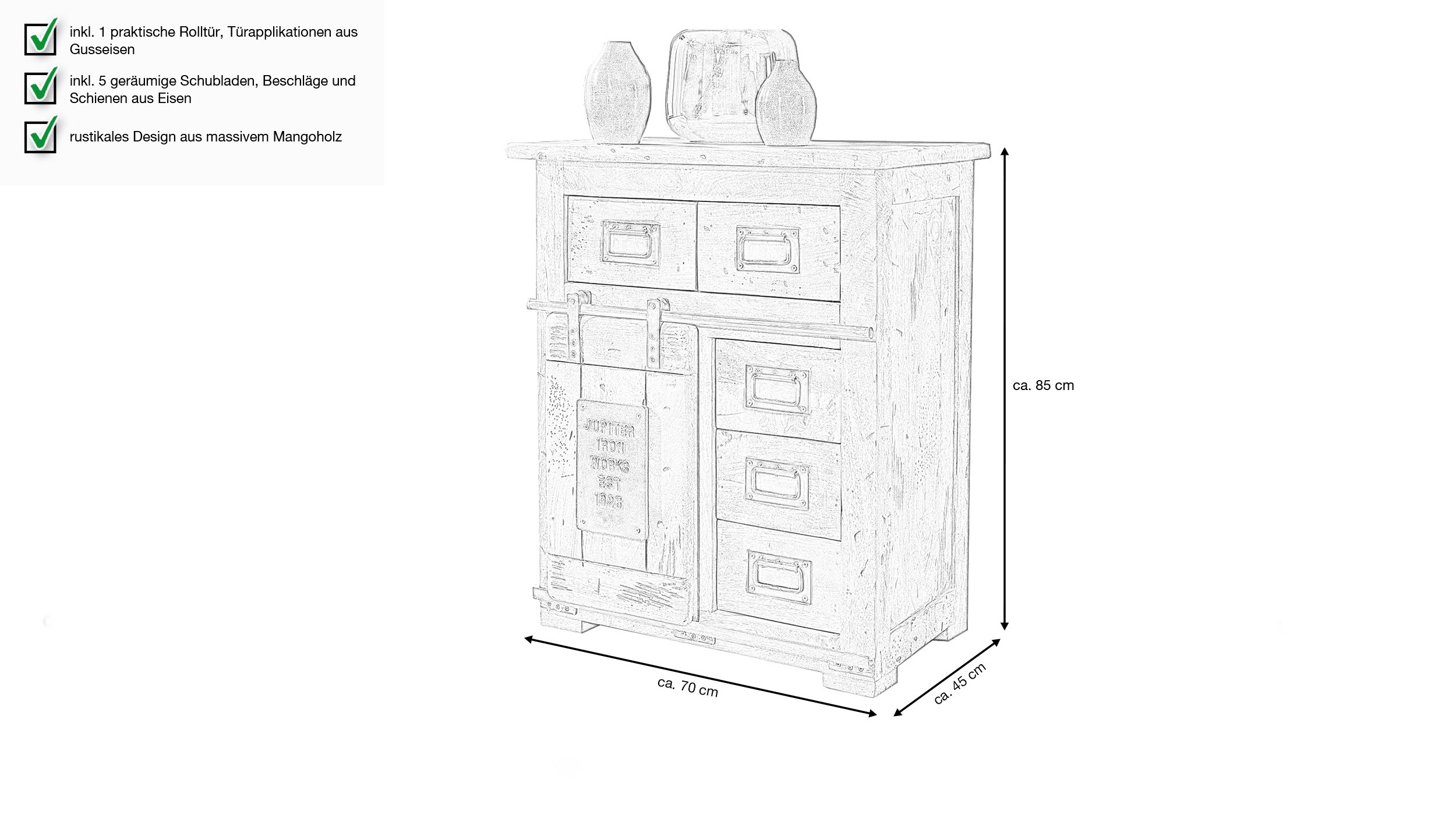 Sideboard mit 1 Rolltür Mango massiv 70 cm - EMANUEL