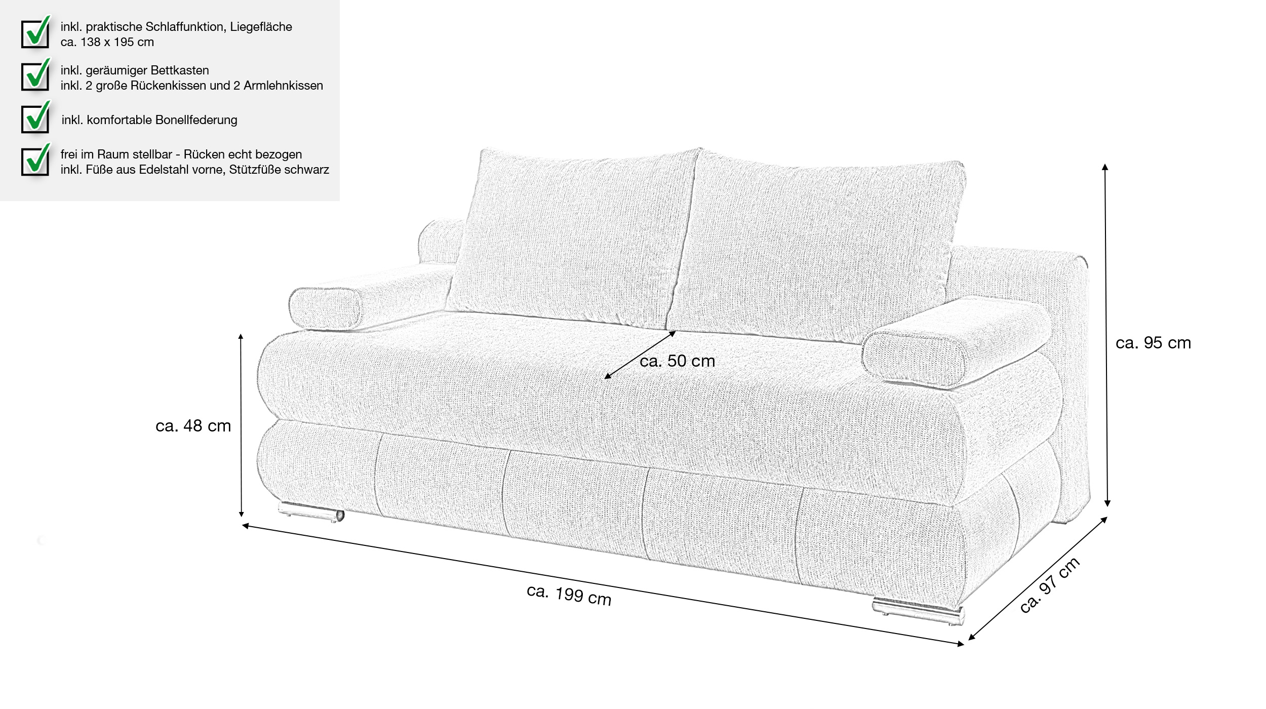 Schlafsofa grau Bettkasten ausziehbar Federkern 199 cm - BORNA