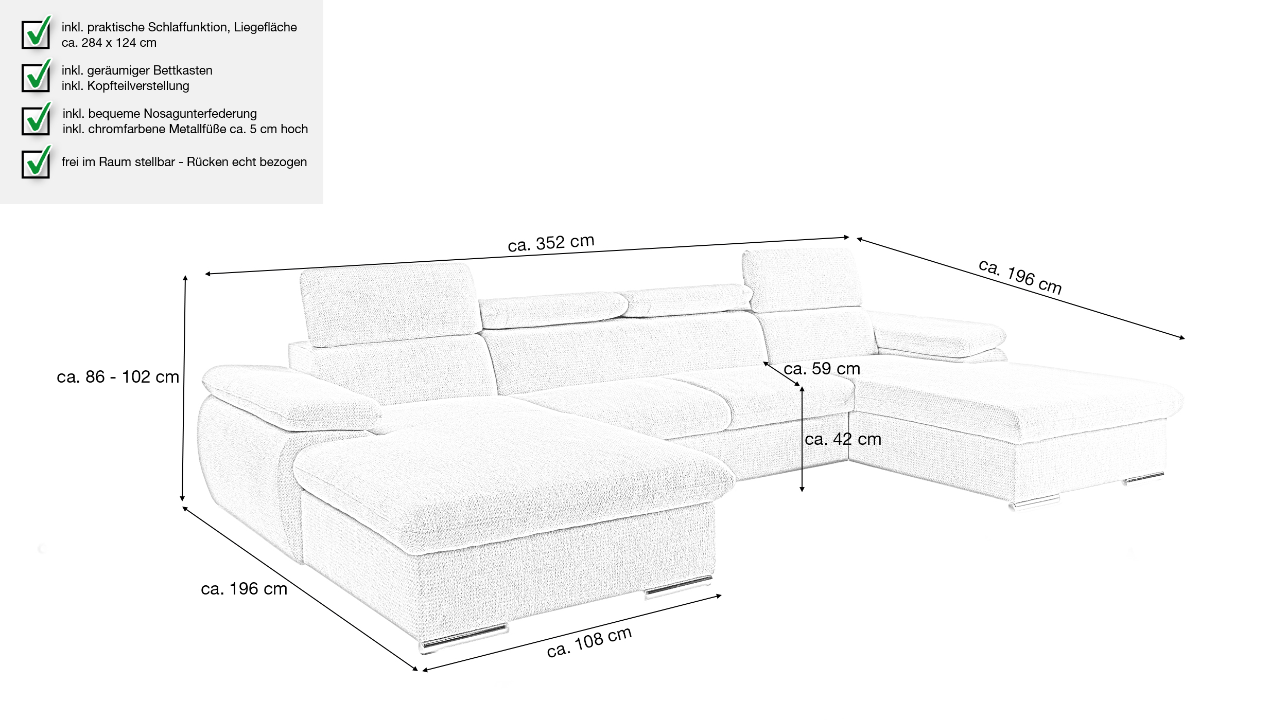 Wohnlandschaft Schlaffunktion cremeweiß 352 cm - Bettkasten - CARLO