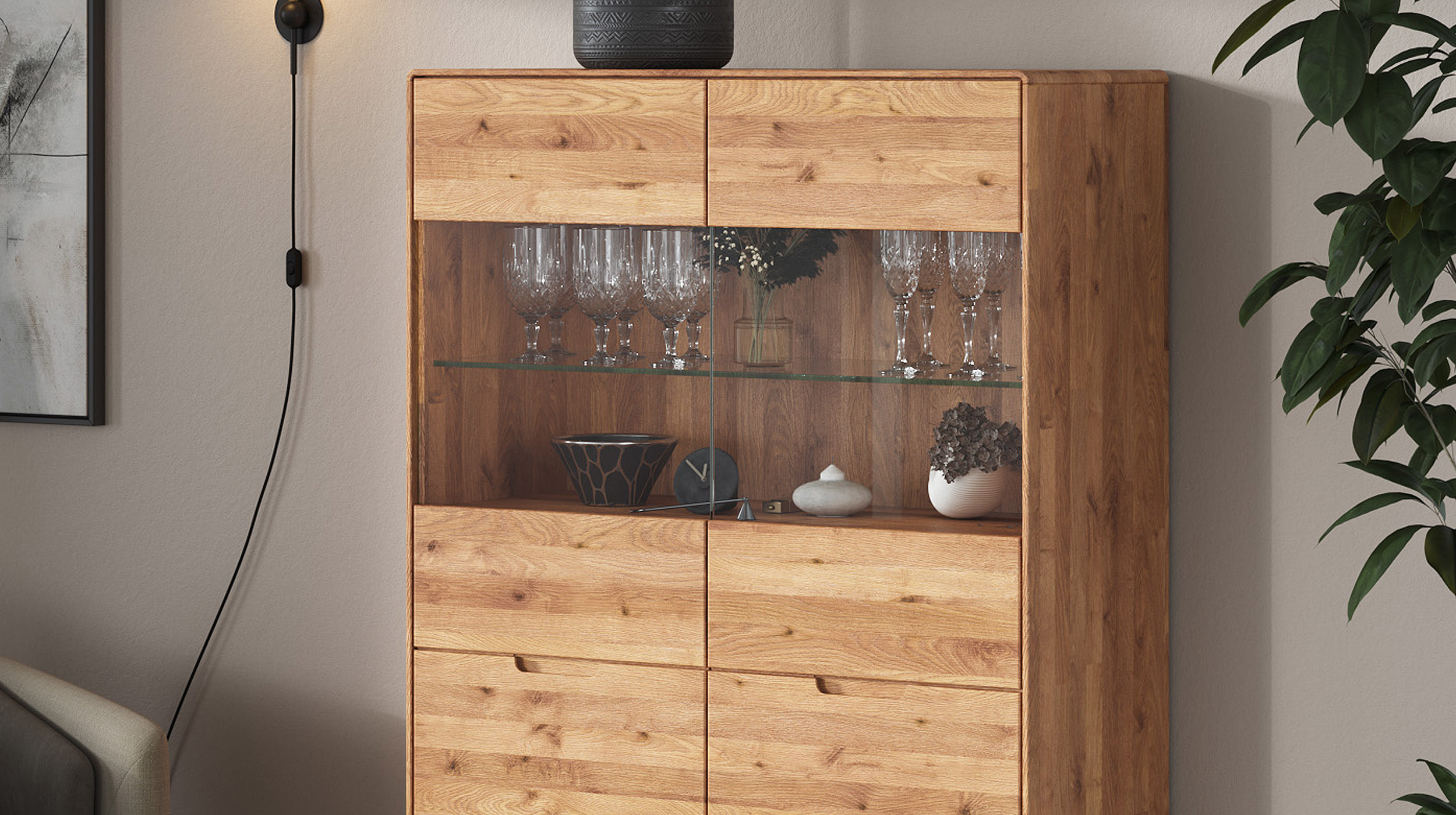 Highboard mit Glastüren Wildeiche massiv 100 cm - LUCAS