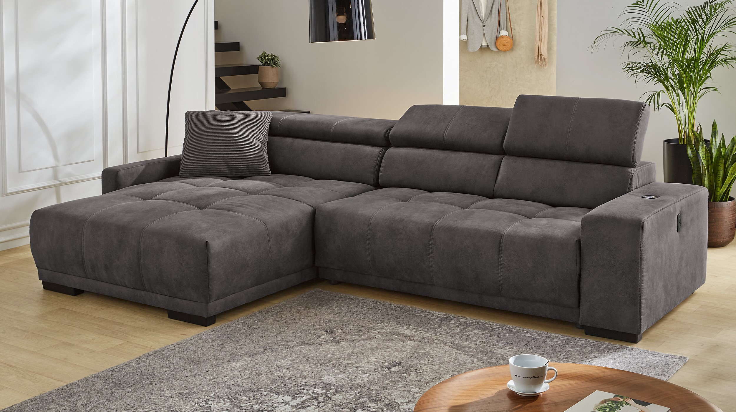 Ecksofa grau elektrisch ausfahrbar 315 cm - LE MANS