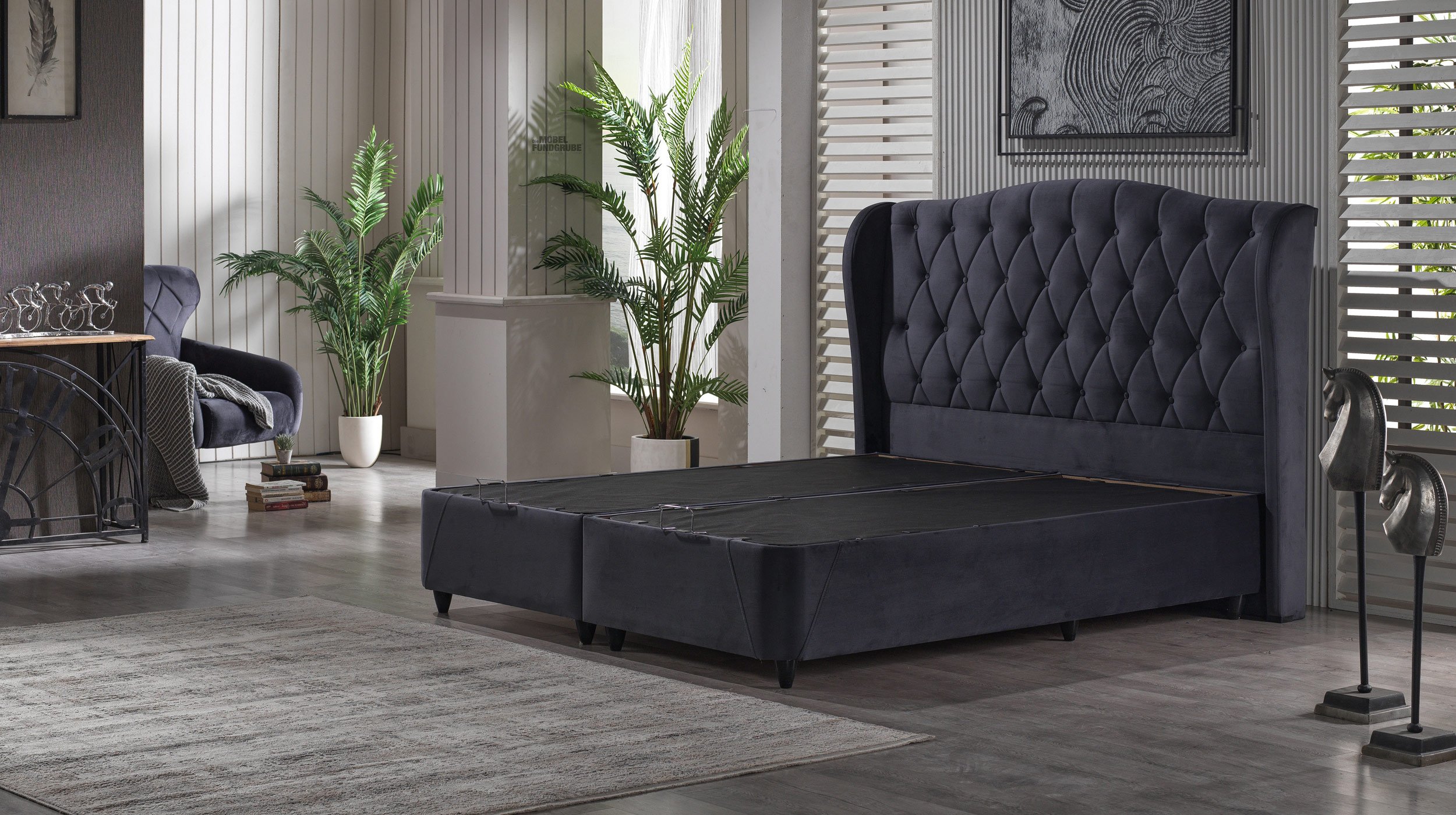 Boxbett 180 x 200 cm grau mit Bettkasten und Topper - INDIGO