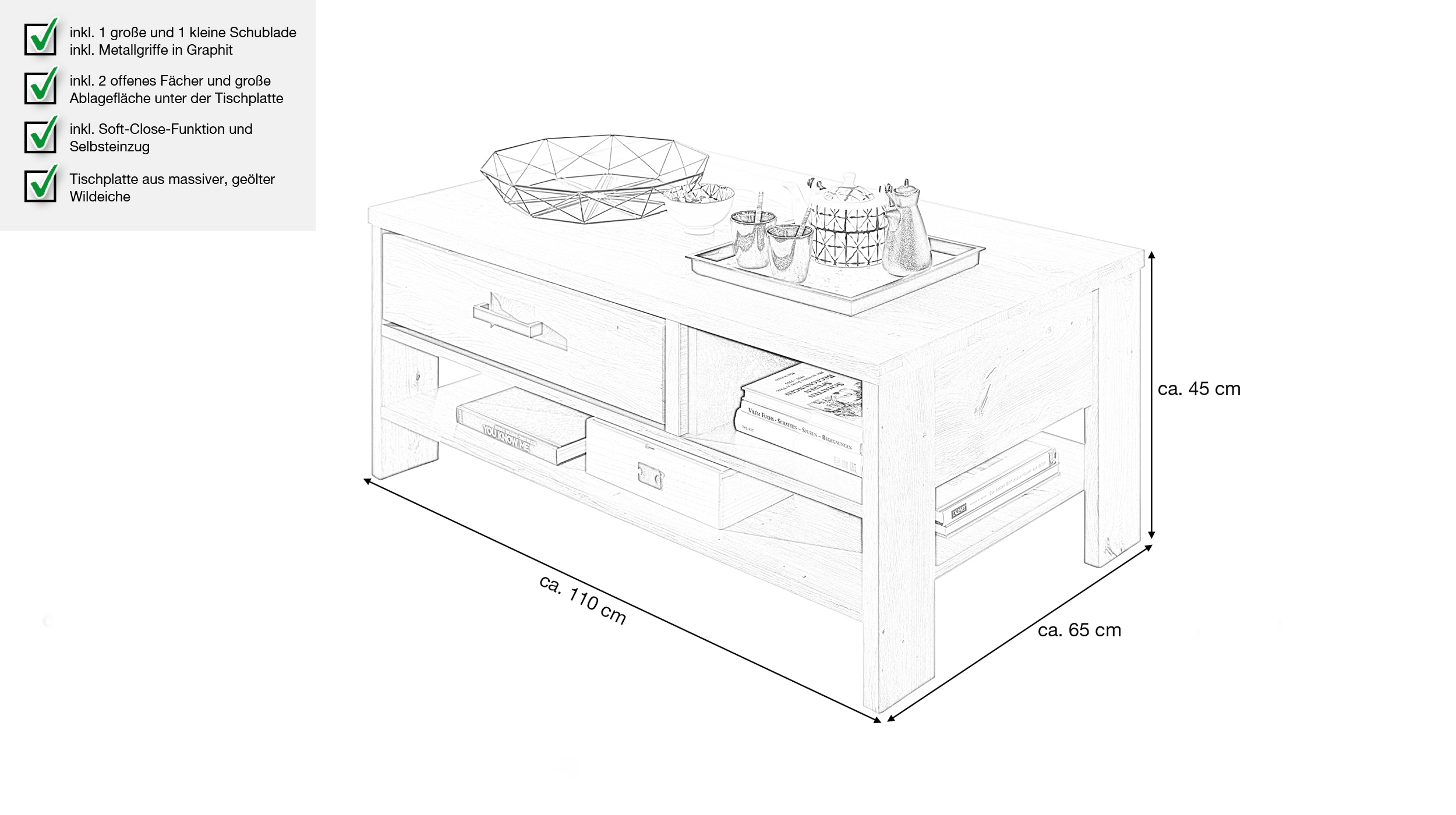 Couchtisch mit Schubladen Wildeiche massiv 110 x 65 cm - CATANIA