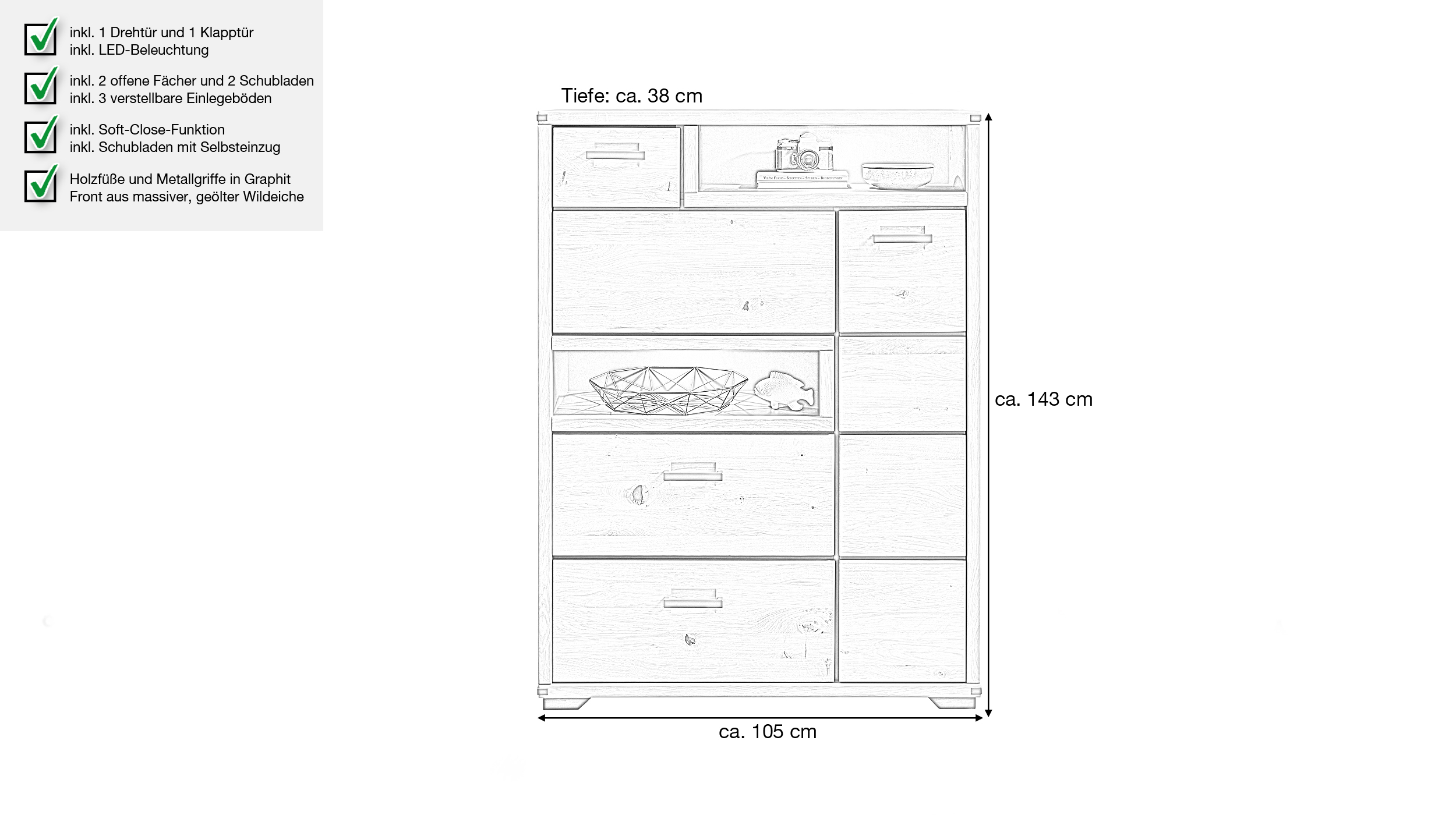 Highboard mit Beleuchtung - Wildeiche massiv - 105 cm - CATANIA