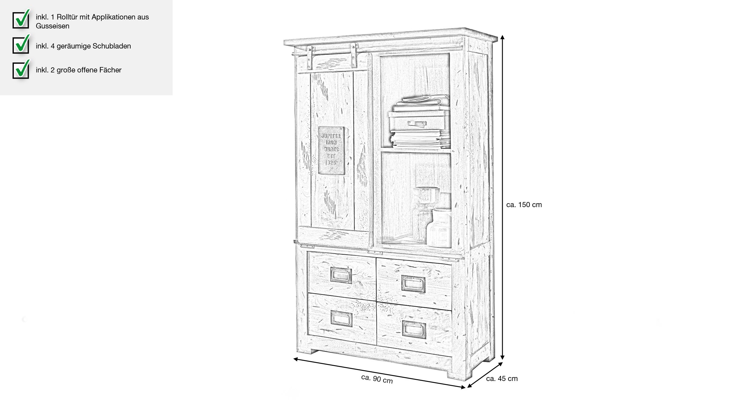 Highboard mit 1 Rolltür Mango massiv 90 cm - EMANUEL