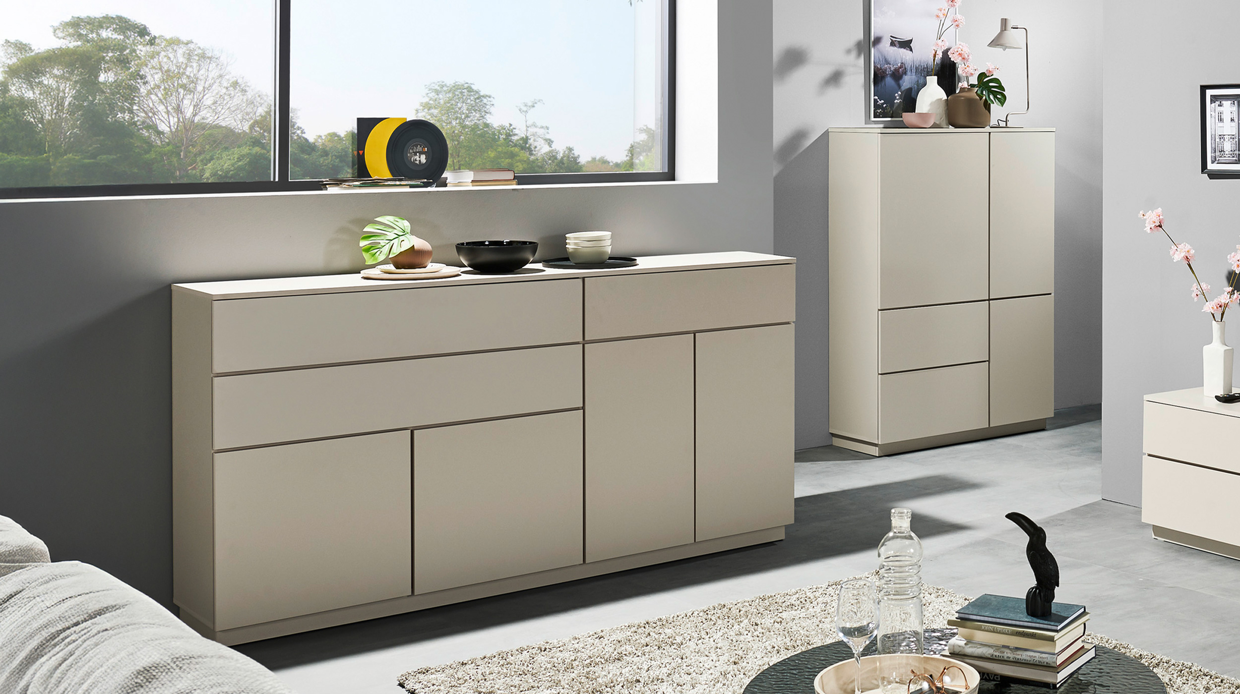 Highboard 3 Türen 2 Schubladen beige 103 cm - VINCE