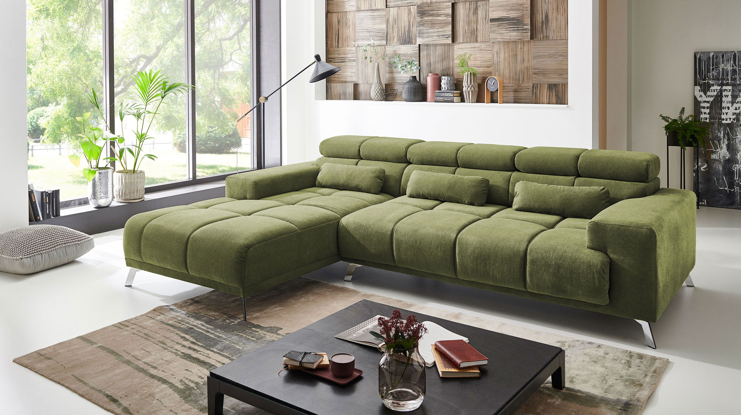 Ecksofa grün ausziehbar - Sitztiefenverstellung 285 cm - OT links - SPEED