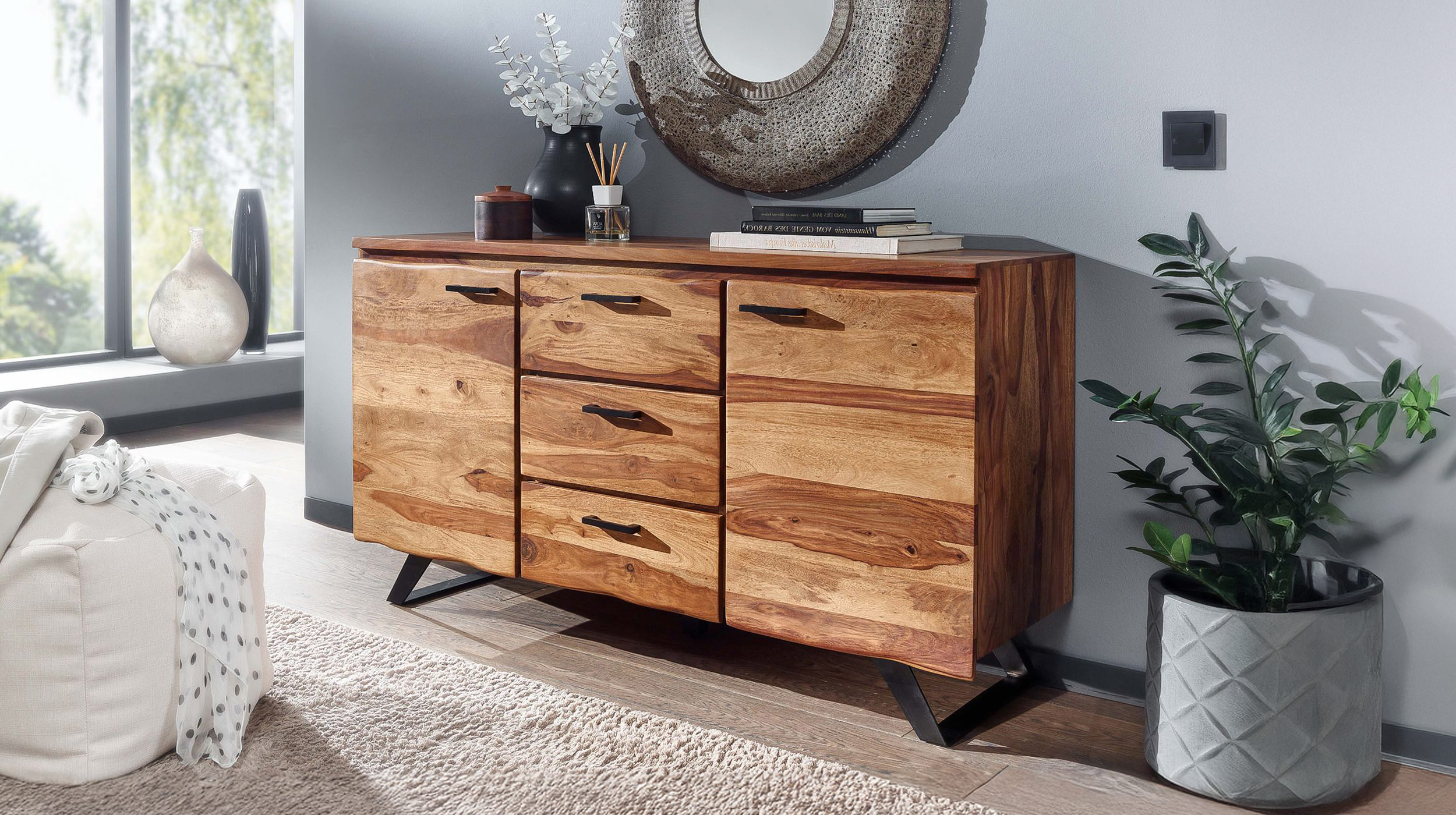 Sideboard mit 3 Schubladen Sheesham massiv 145 cm - VINNAN