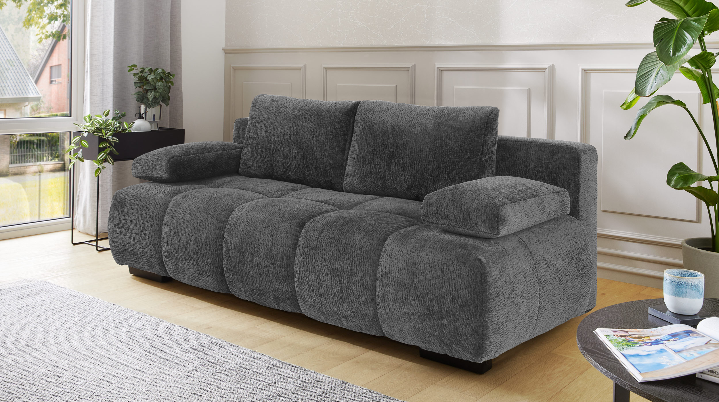 Schlafsofa grau mit Bettkasten 213 cm - RENO