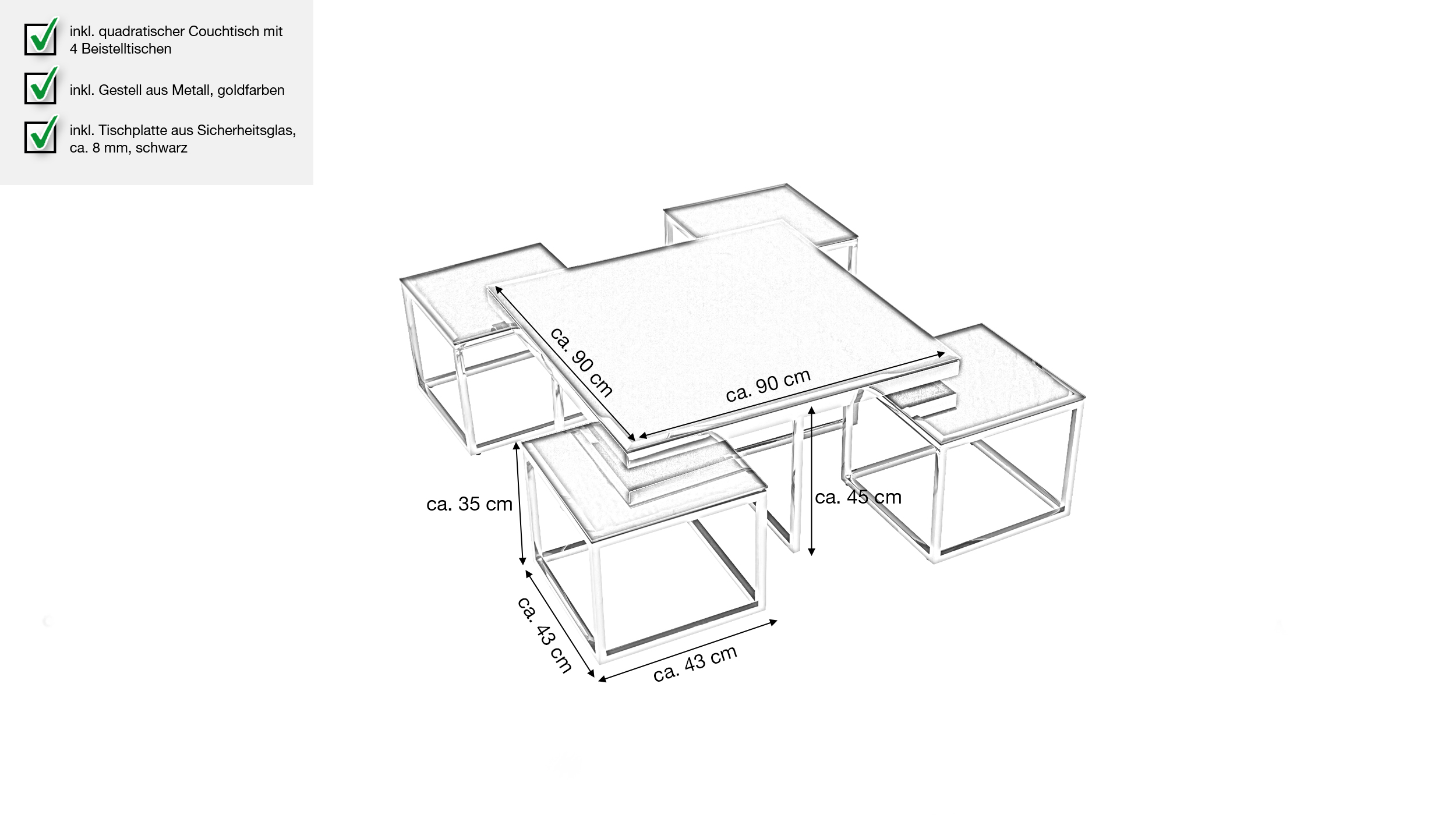 Couchtisch 5er-Set Glas schwarz - 90 x 90 cm - BIANCI