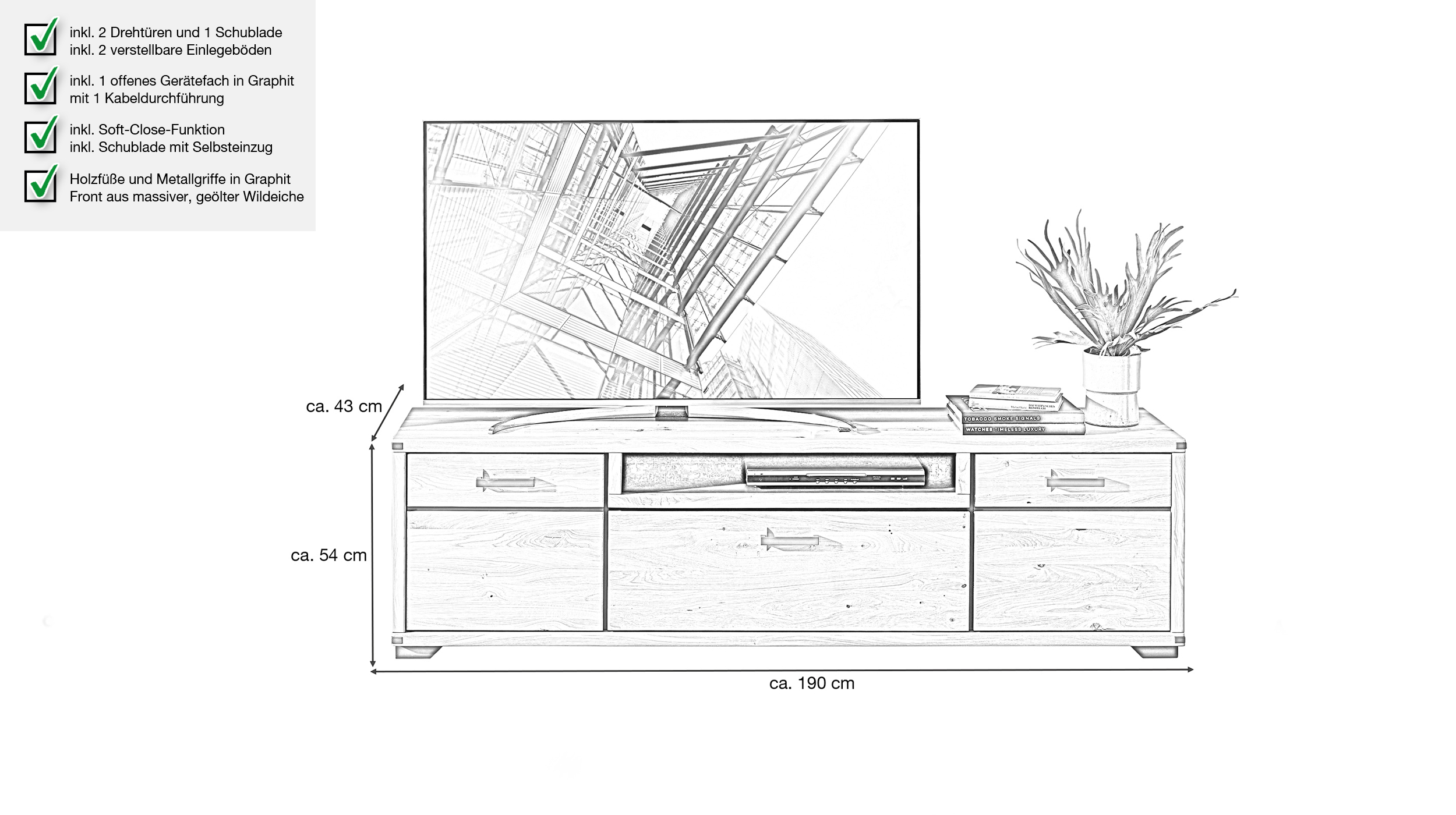 TV-Lowboard - Wildeiche massiv - 190 cm - TV-Board - CATANIA
