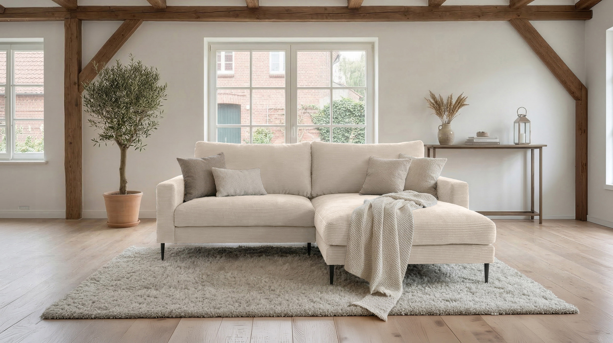Ecksofa Cord creme 220 x 164 cm - OT rechts - NORDVIK