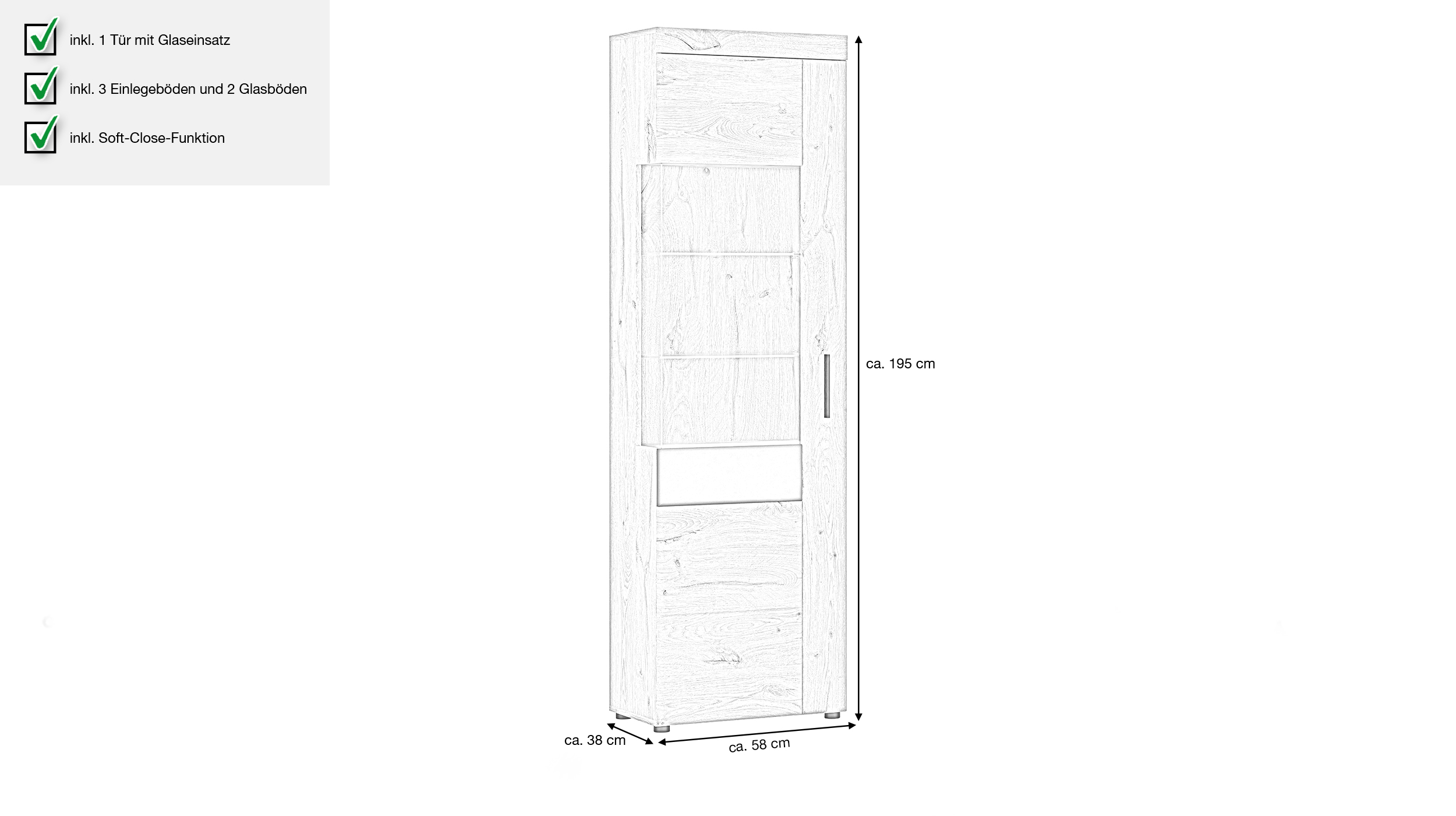 Vitrine mit Glastür Viking Eiche - grau - Breite 58 cm - GRANO