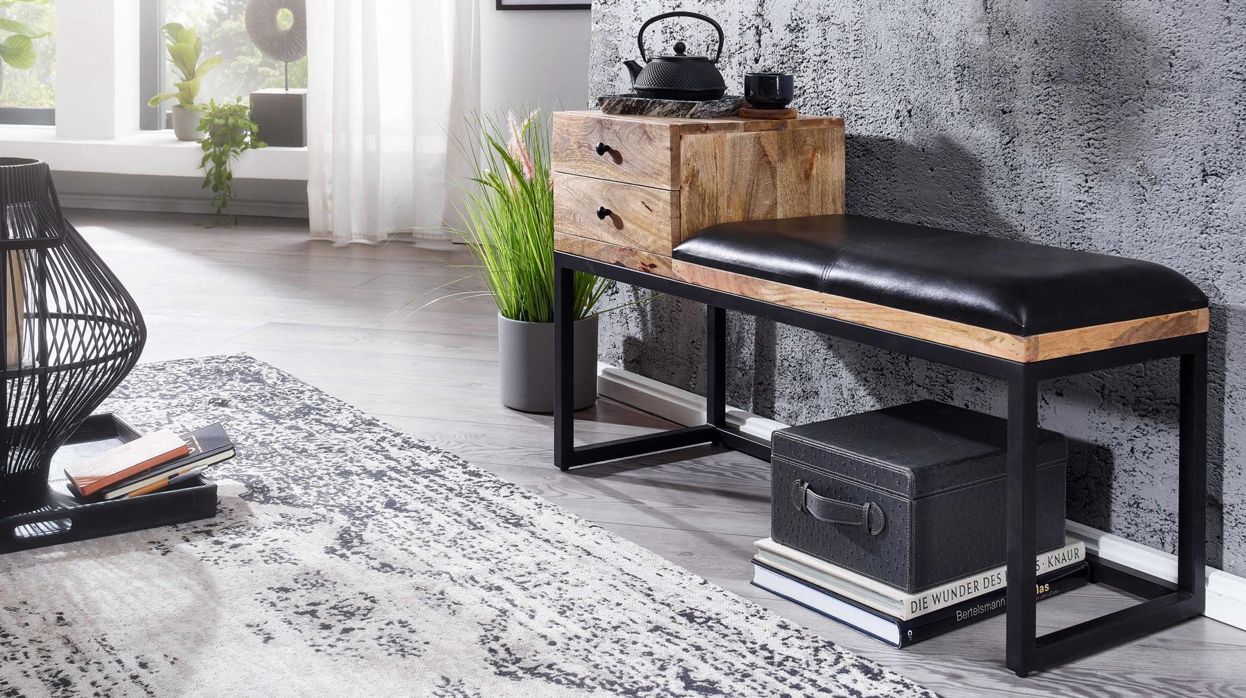 Sitzbank mit Schubladen 100 cm Mangoholz massiv - Leder - MAIGA