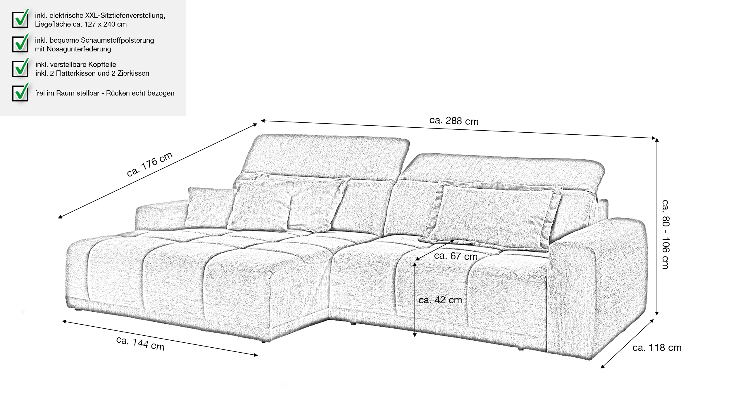Ecksofa anthrazit elektrisch ausfahrbar 288 cm - OT links - BROOK