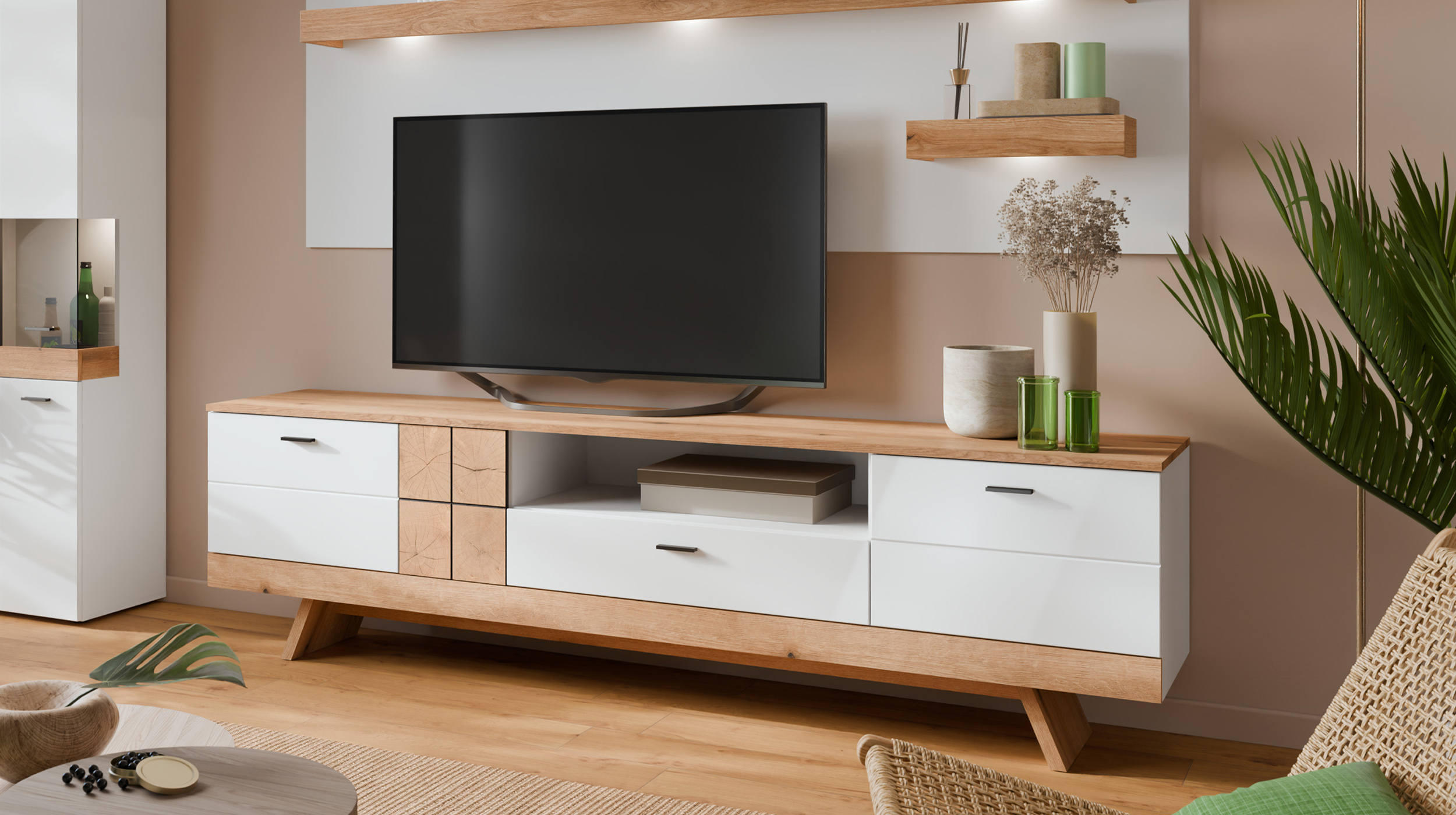 TV - Lowboard weiß Hochglanz - Coast Evoke Eiche 216 cm - ORETA