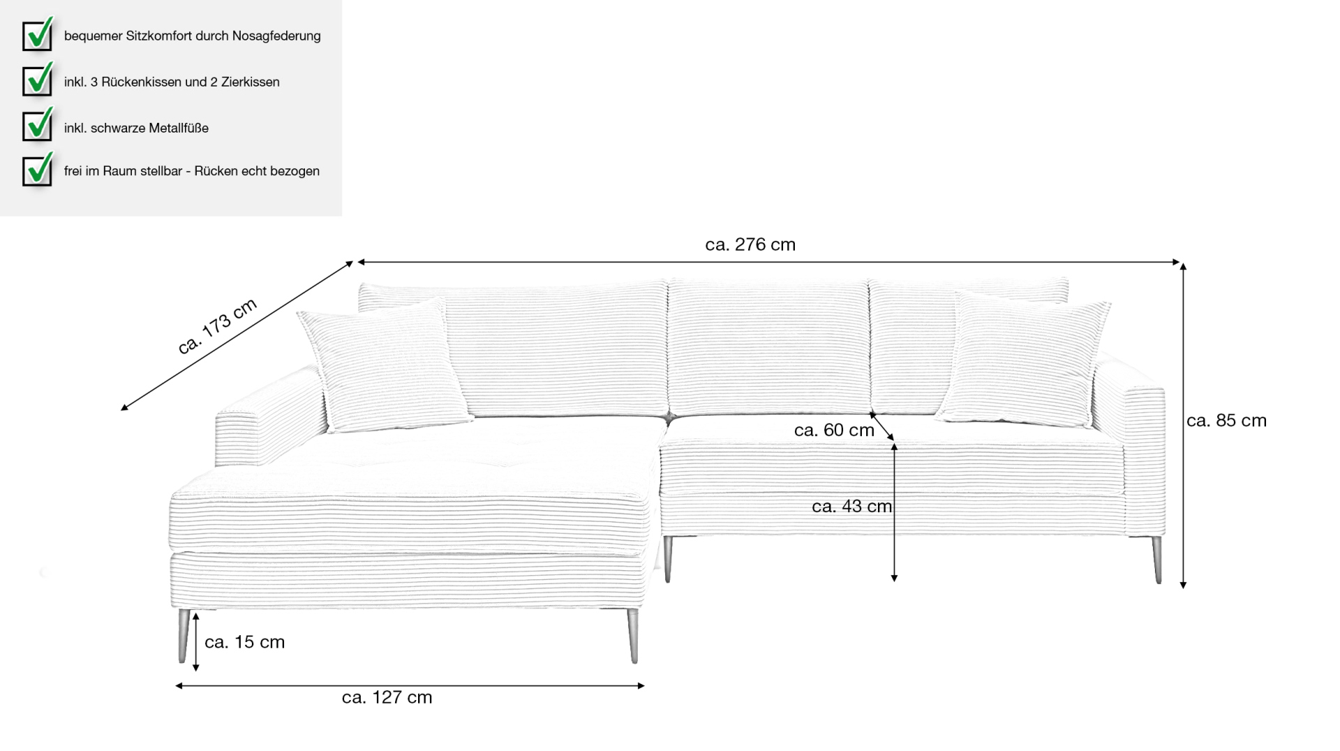 Ecksofa Cord creme 276 x 173 cm - OT links - SUMMER