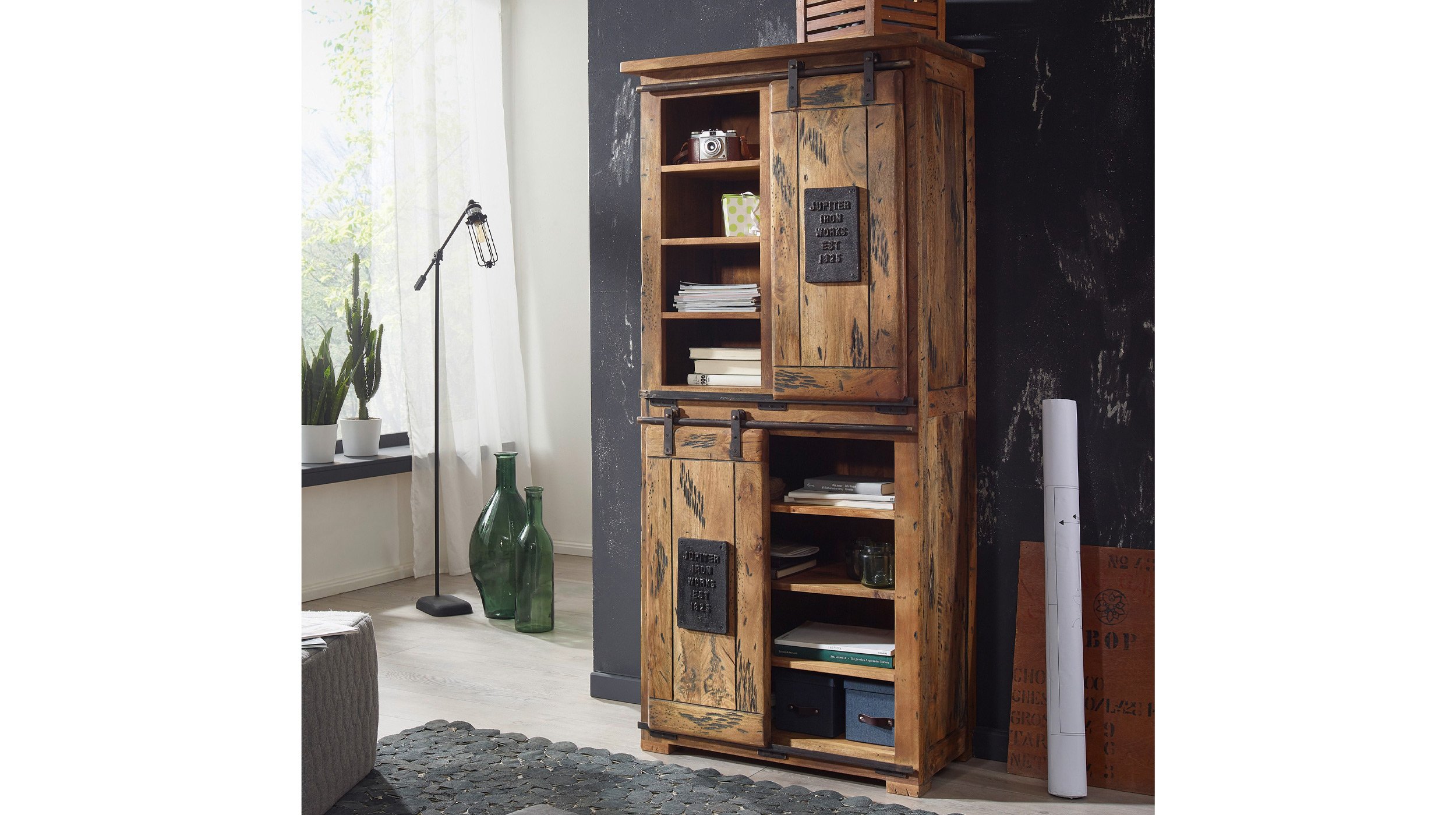 Highboard mit 2 Rolltüren Mango massiv 80 cm - EMANUEL