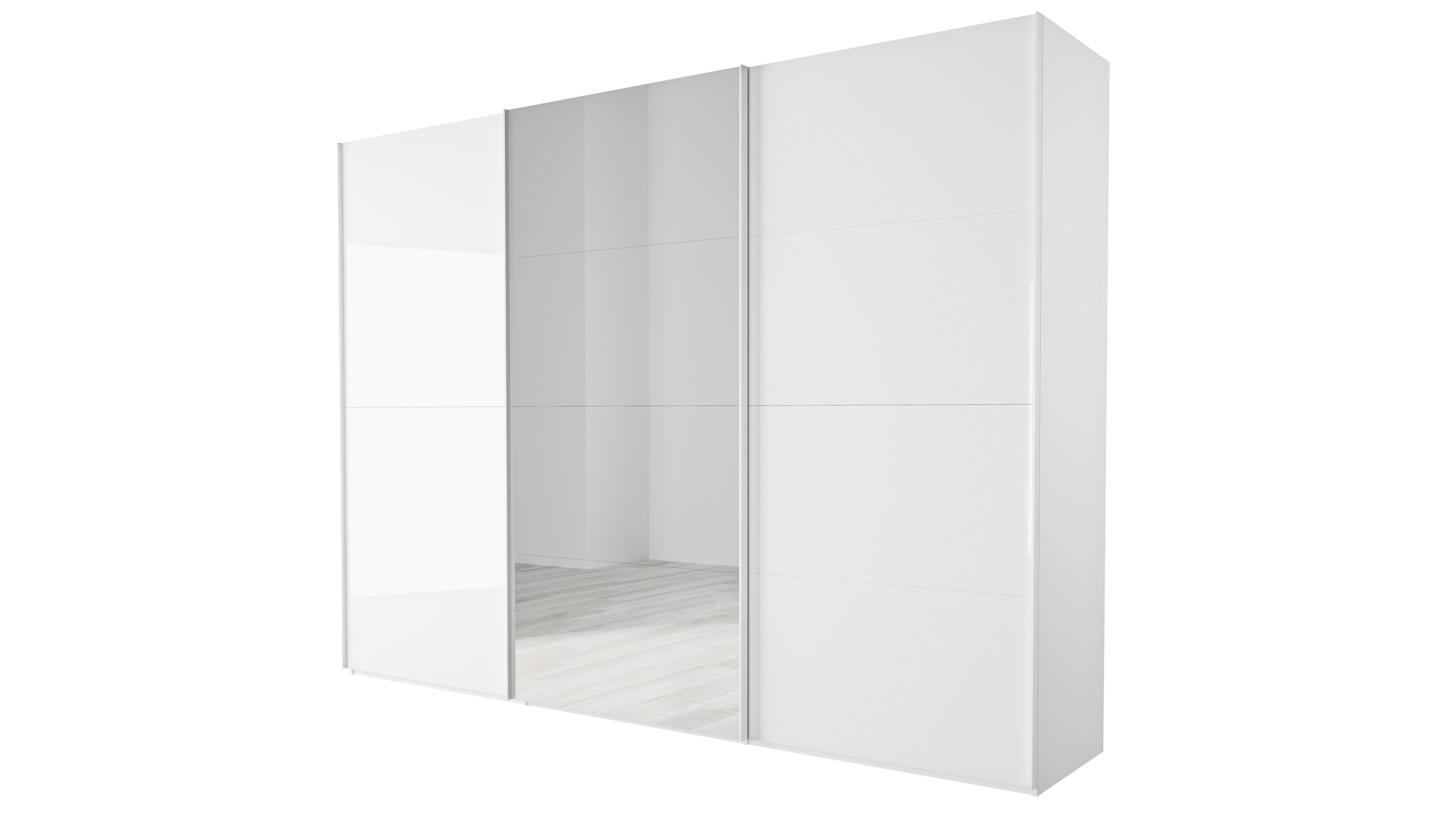 Schwebetürenschrank mit Spiegel weiß hochglanz - 301 cm - SYSTEMA