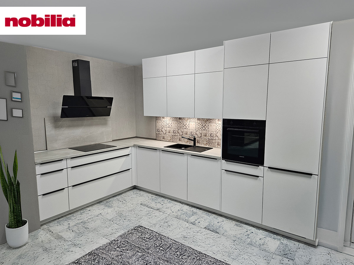 Eckküche 370 x 227 cm - mit Geräten - Küchenfronten Lack premium matt - SOFTLINE