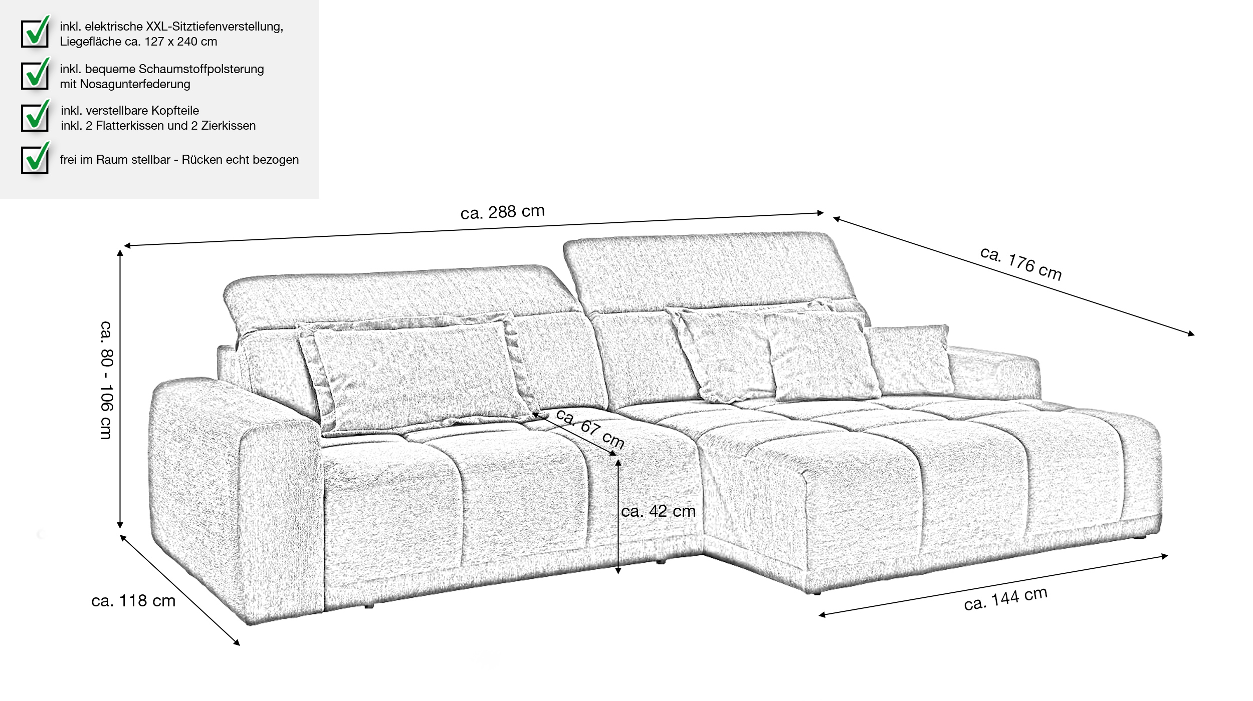Ecksofa anthrazit elektrisch ausfahrbar 288 cm - OT rechts - BROOK