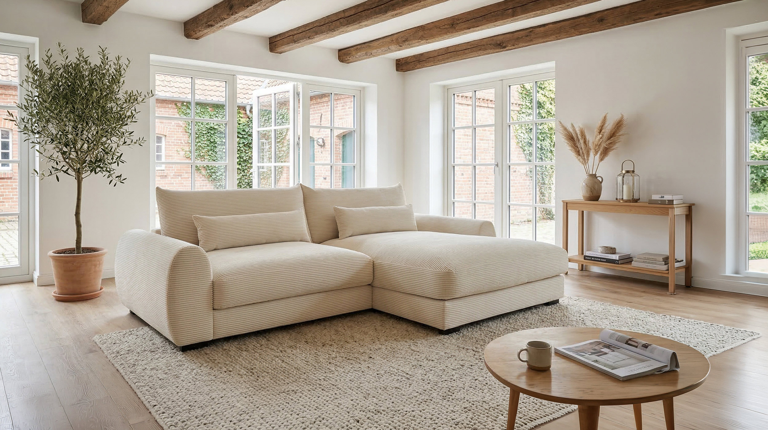 Ecksofa creme Cord 265 x 180 cm OT rechts - MARK