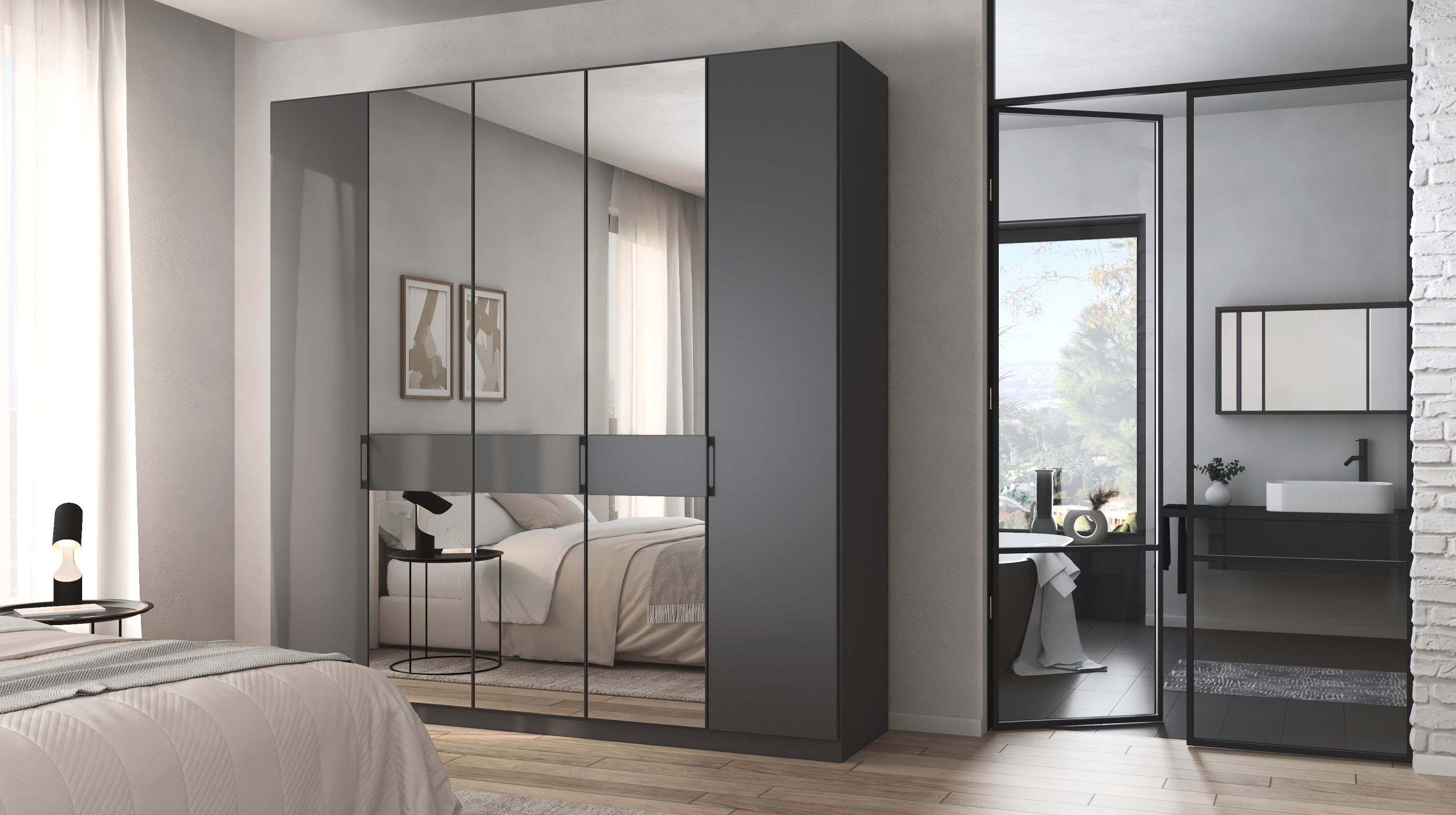 Kleiderschrank mit Spiegel grau 226 cm - rauch - VERSITY