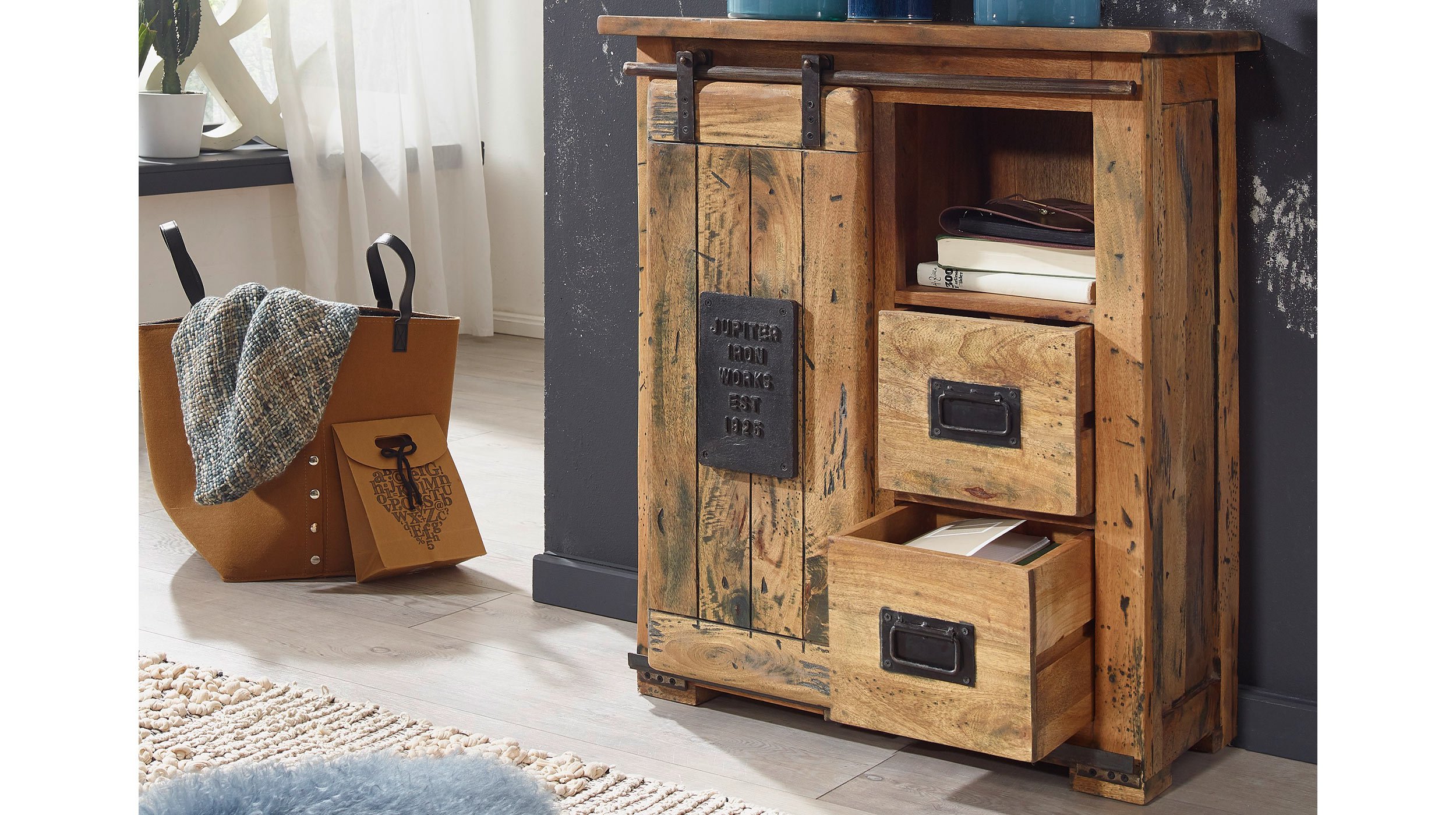 Sideboard mit 1 Rolltür Mango massiv 75 cm - EMANUEL