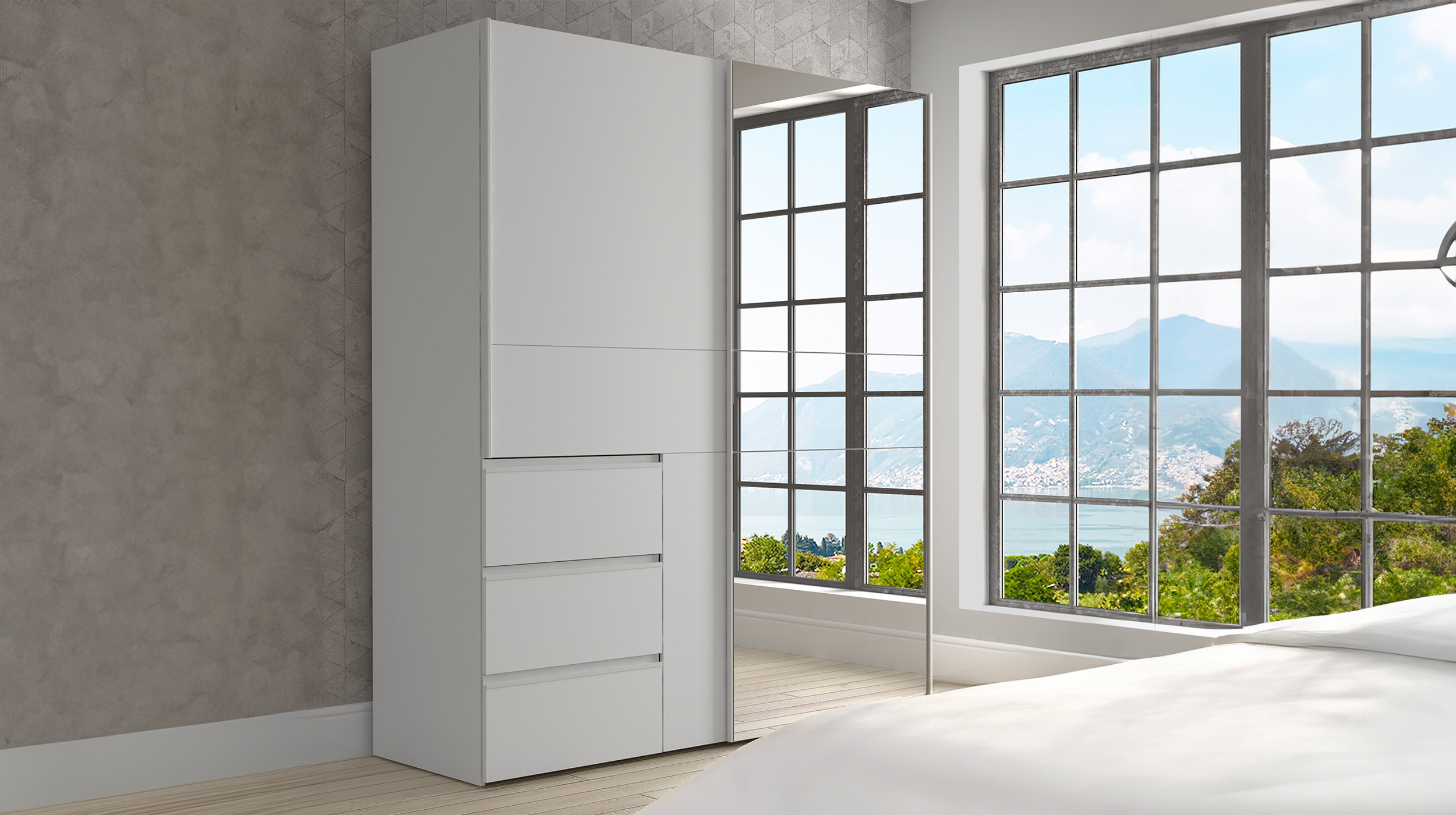 Schwebetürenschrank weiß mit Spiegel 170 cm 2-türig - WINN