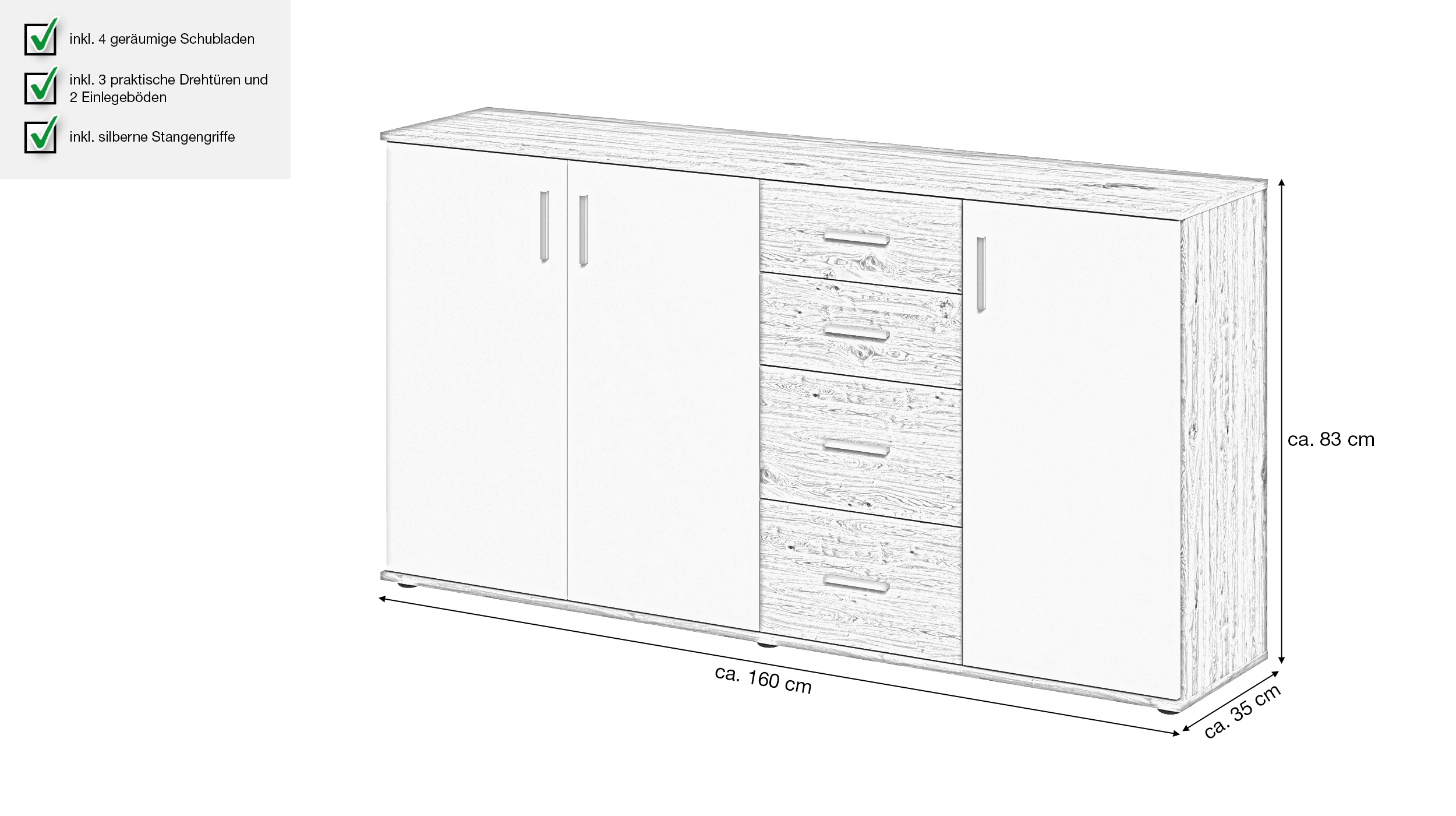 Kommode mit Schubladen weiß Artisan Eiche 160 cm - ALBATA