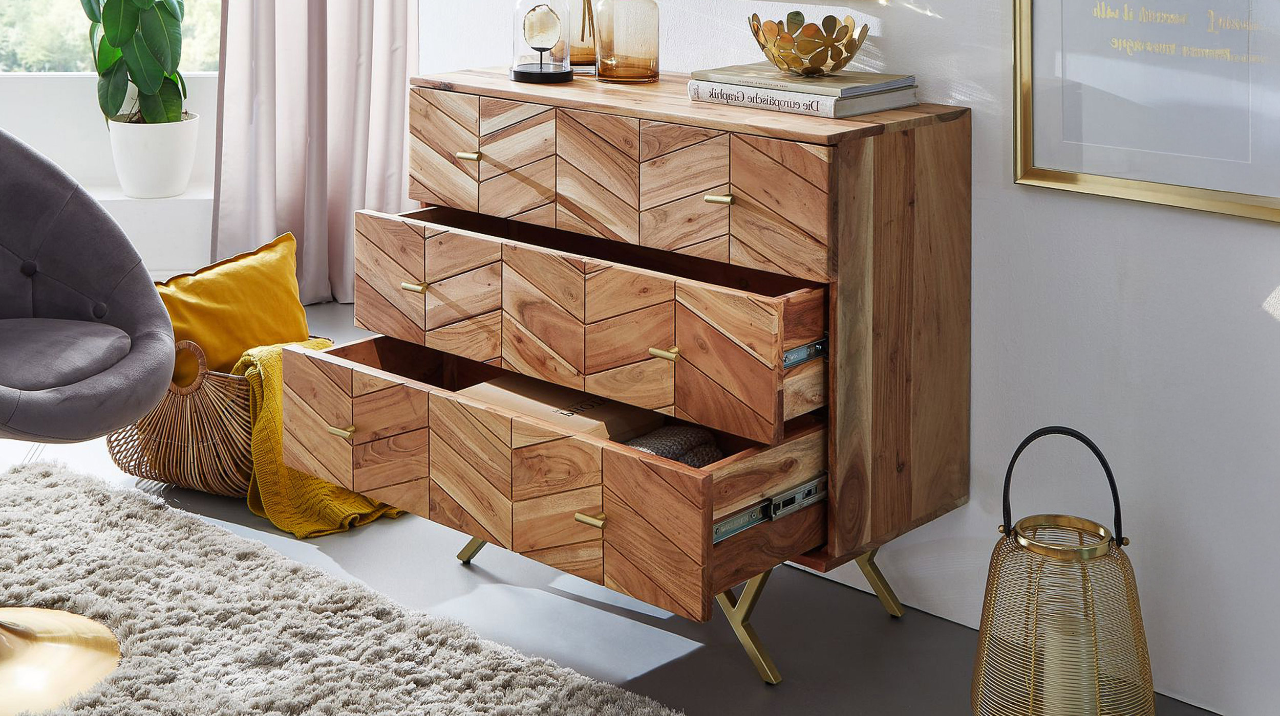 Kommode mit 3 Schubladen Akazie massiv lackiert 90 x 40 cm - ELDOR