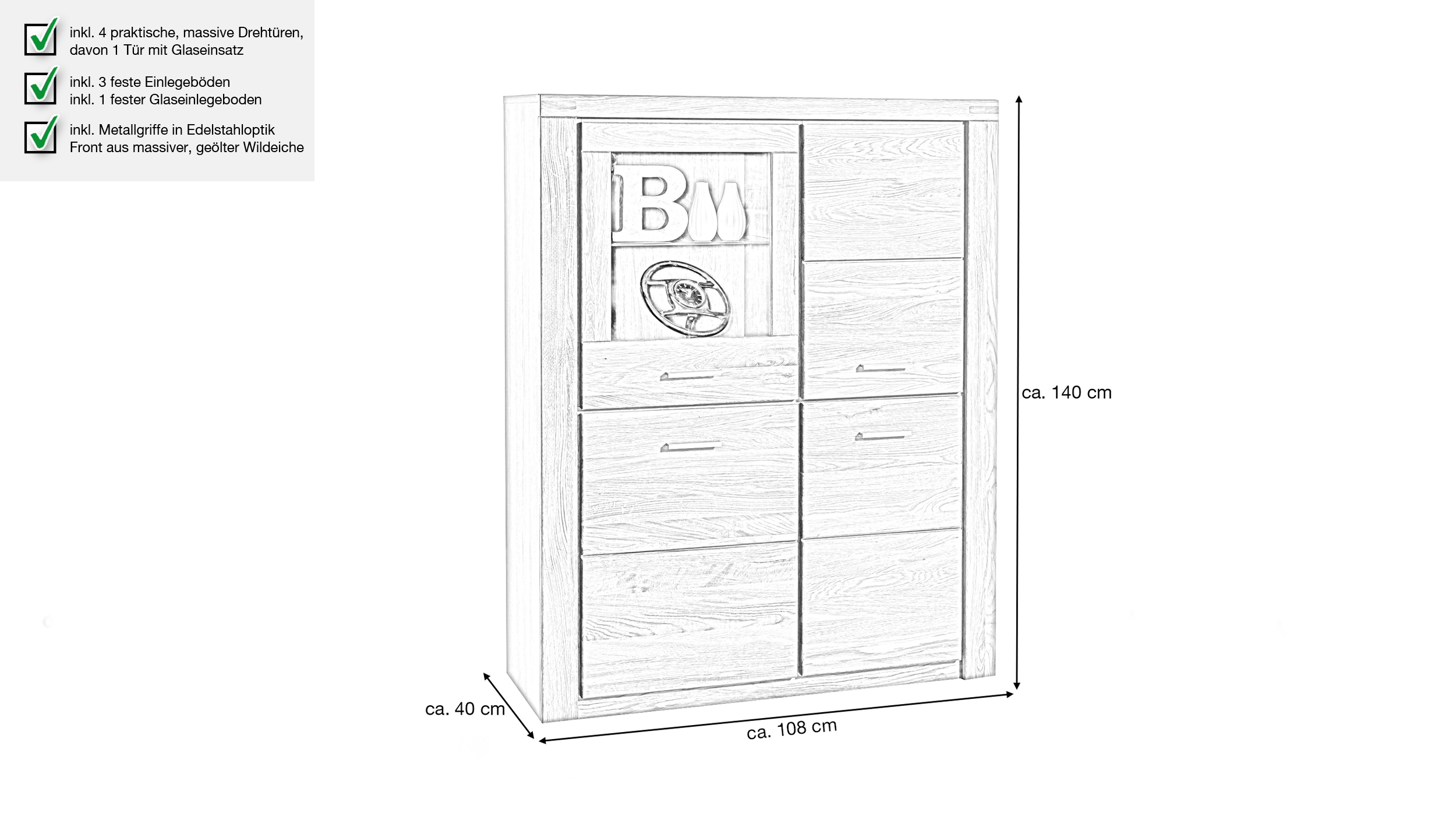 Highboard Wildeiche teilmassiv geölt 108 cm - FREYJA
