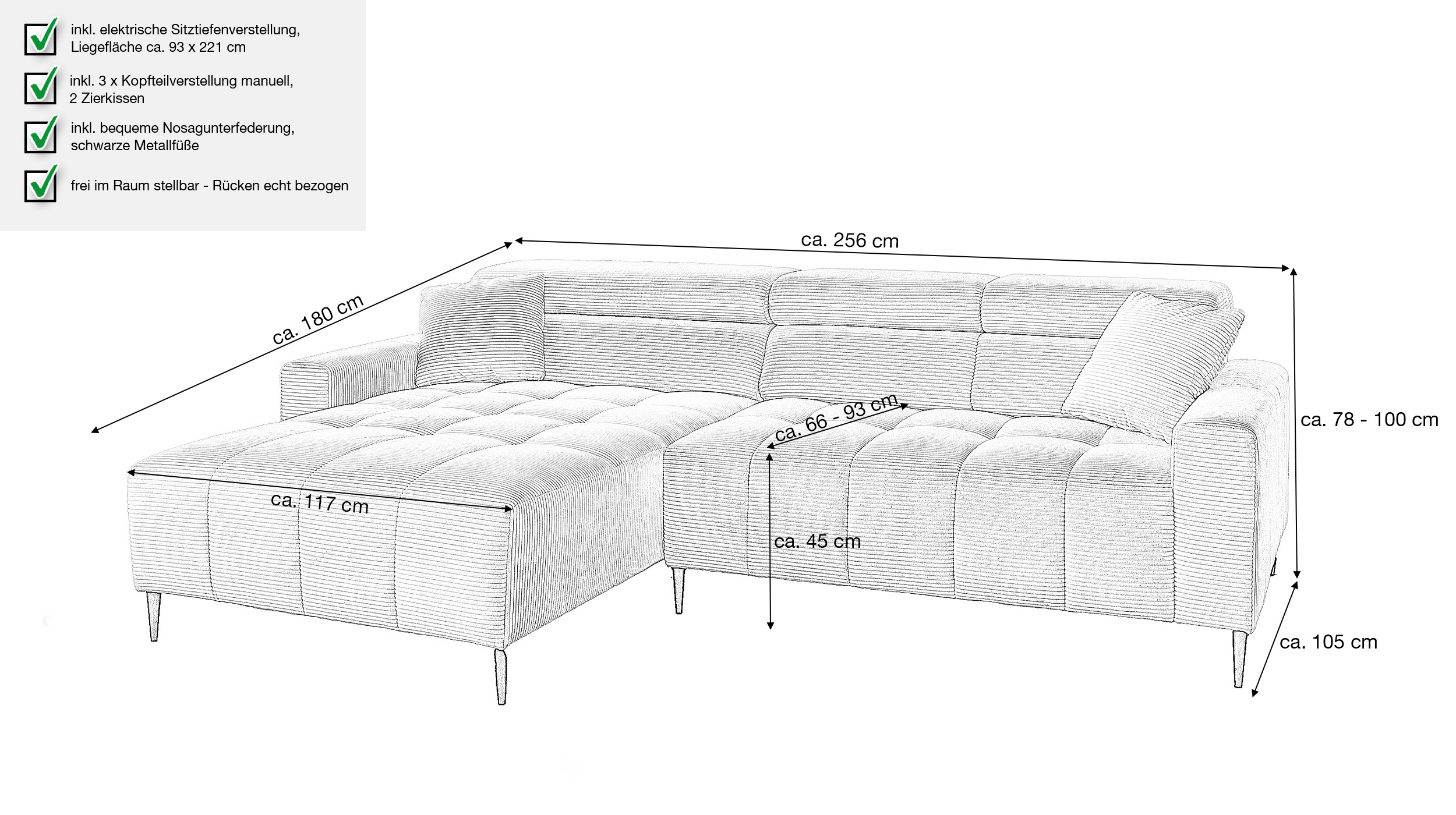 Ecksofa Cord grün ausziehbar - Sitztiefenverstellung 256 cm - OT links - SIMPLE