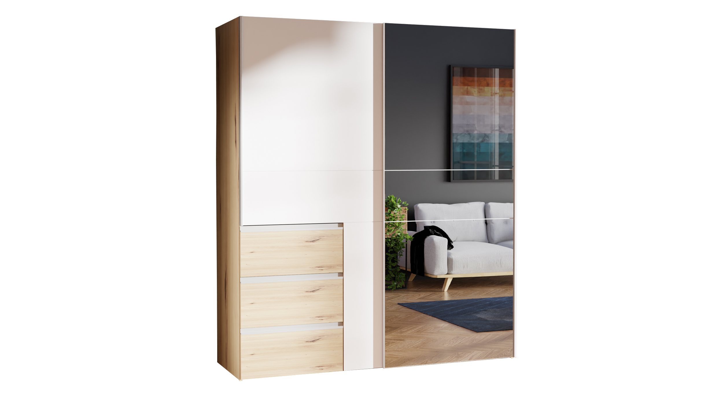 Schwebetürenschrank weiß Artisan Eiche mit Spiegel 170 cm 2-türig - WINN