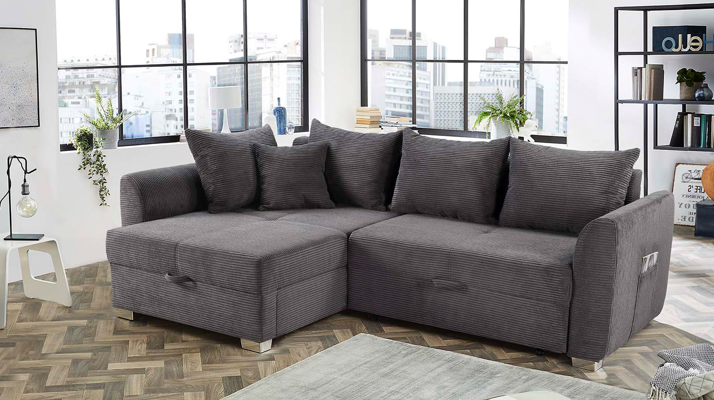 Ecksofa Cord Schlaffunktion Bettkasten grau 236 cm - BOOMER