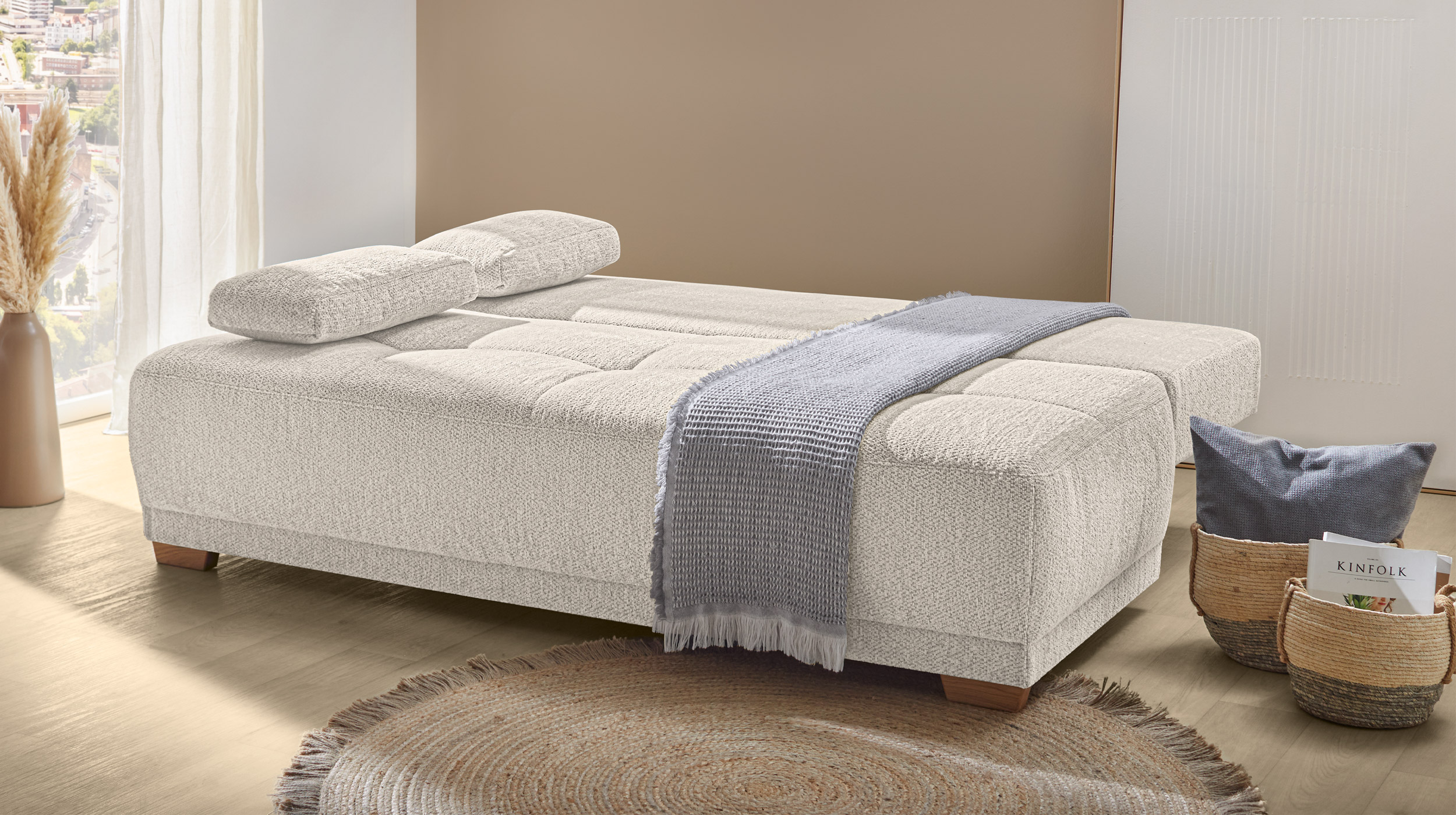 Schlafsofa beige ausziehbar mit Bettkasten 205 x 105 cm - DAVE