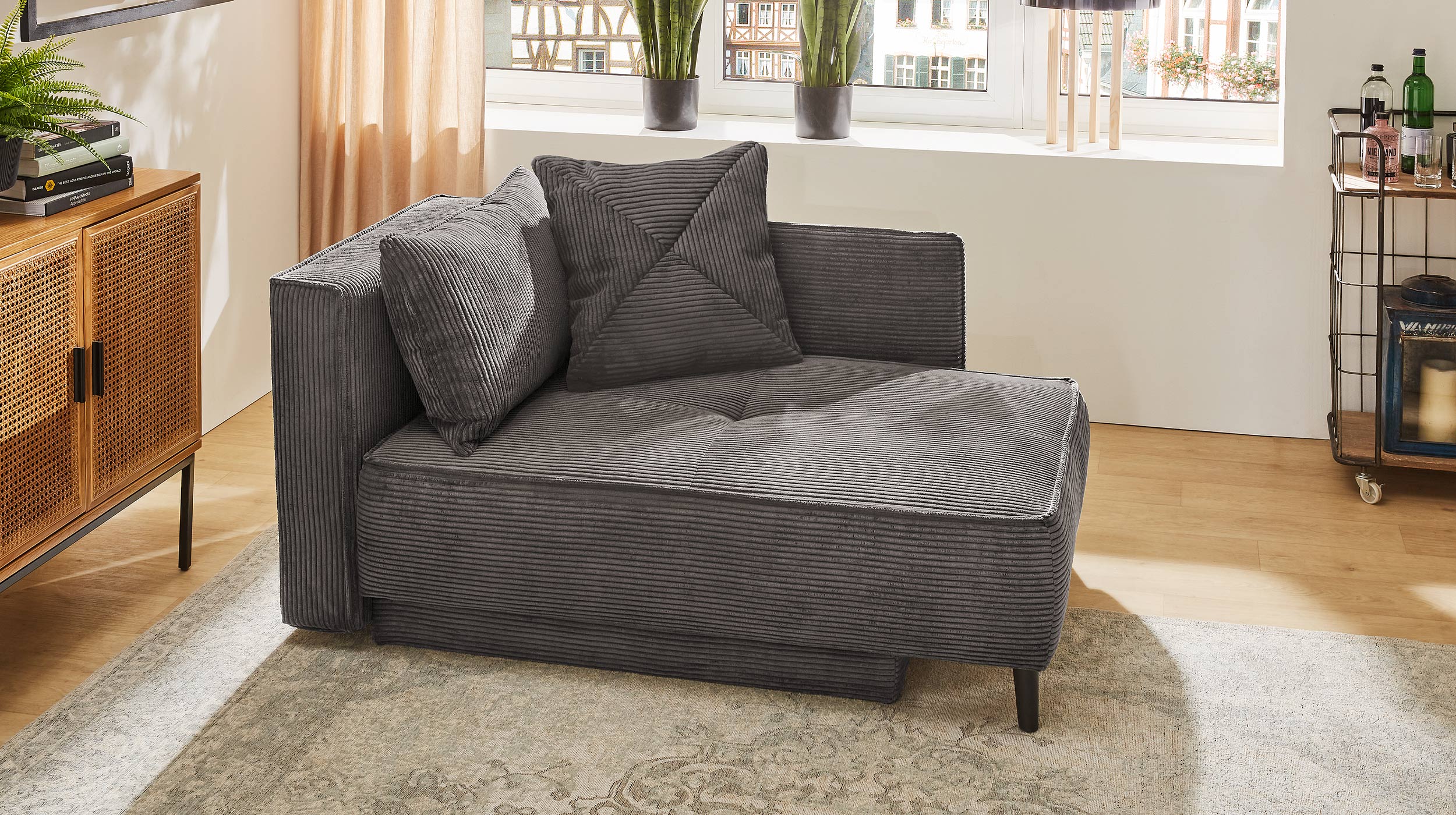 Einzelsofa Cord 155 cm Recamiere mit Schlaffunktion grau - REX