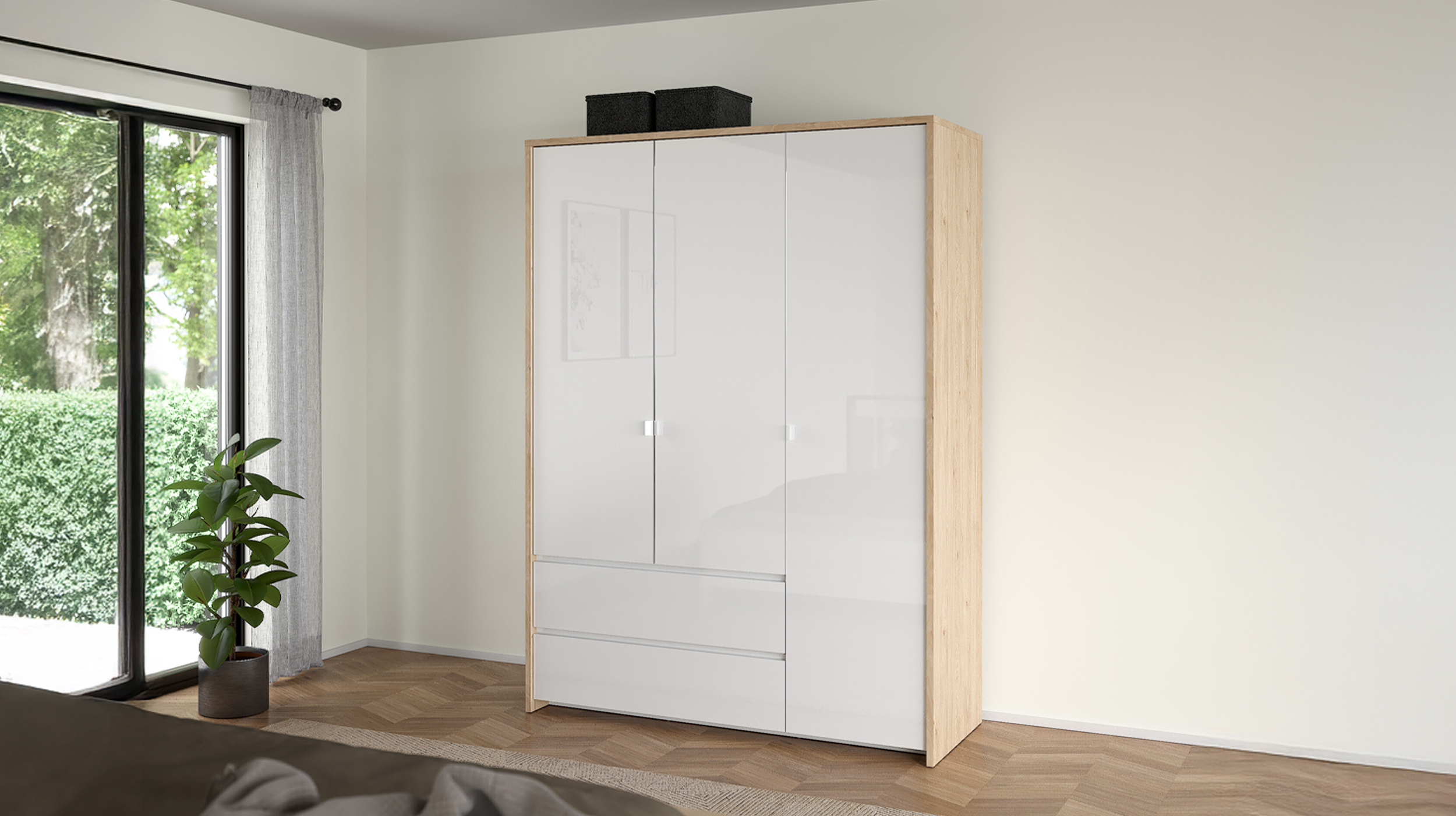 Kleiderschrank 149 cm weiß hochglanz - Jackson Hickory 3-türig - NEXT