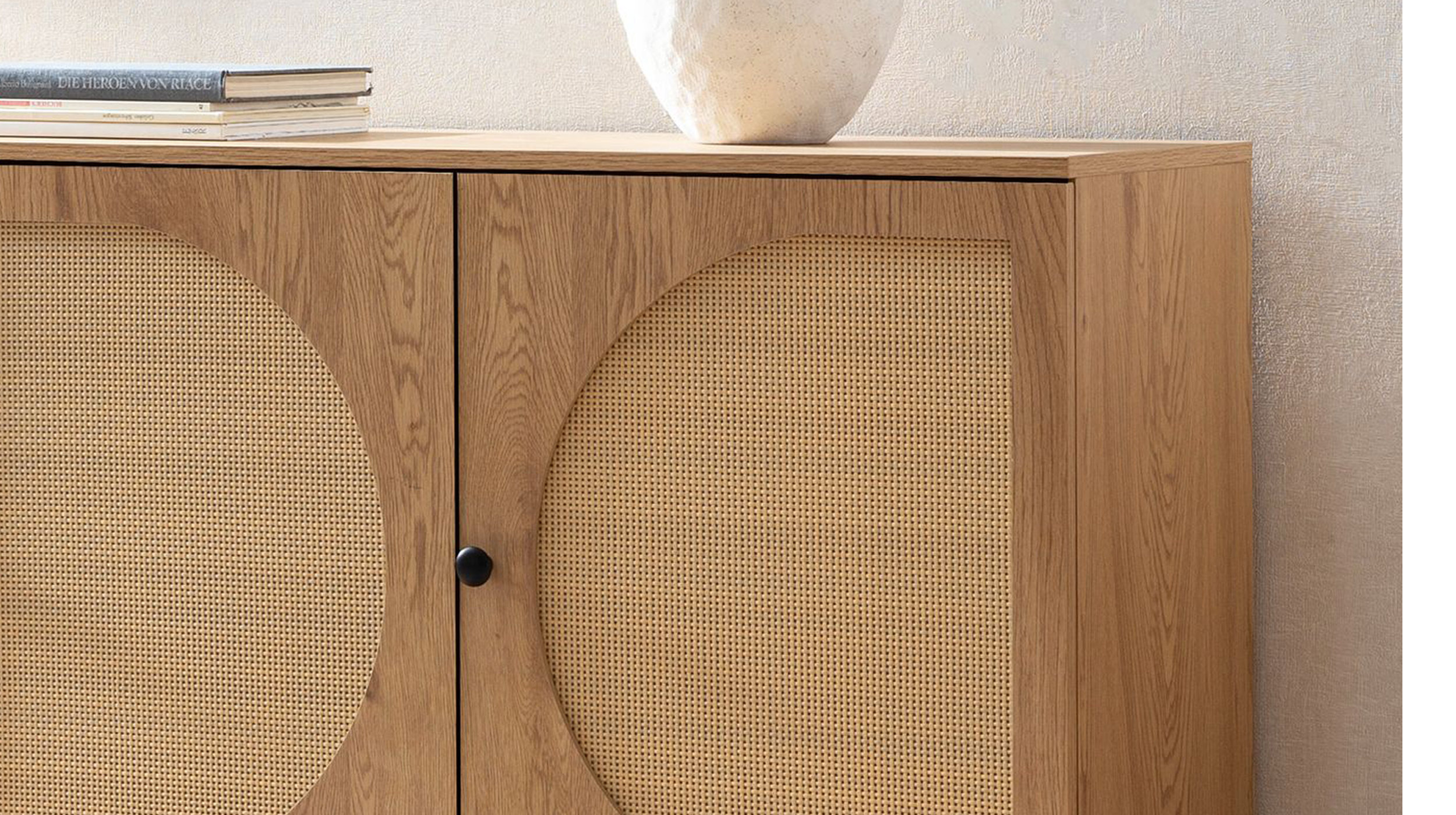 Sideboard Eiche Holzdekor - Polyrattan 140 cm - 3-türig - RATVAN