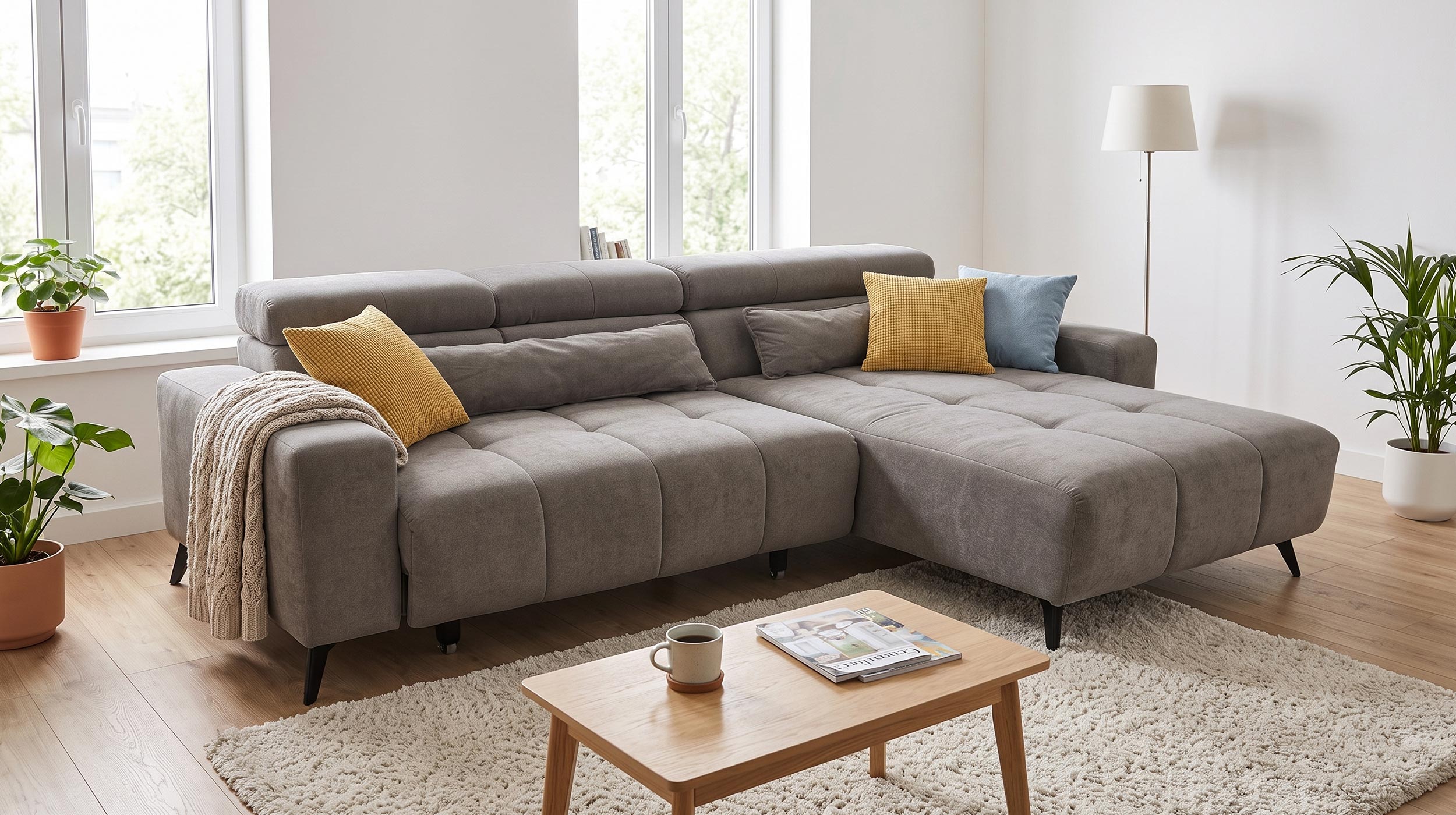 Ecksofa grau 267 cm mit XXL-Sitztiefenverstellung - OT rechts - BALI