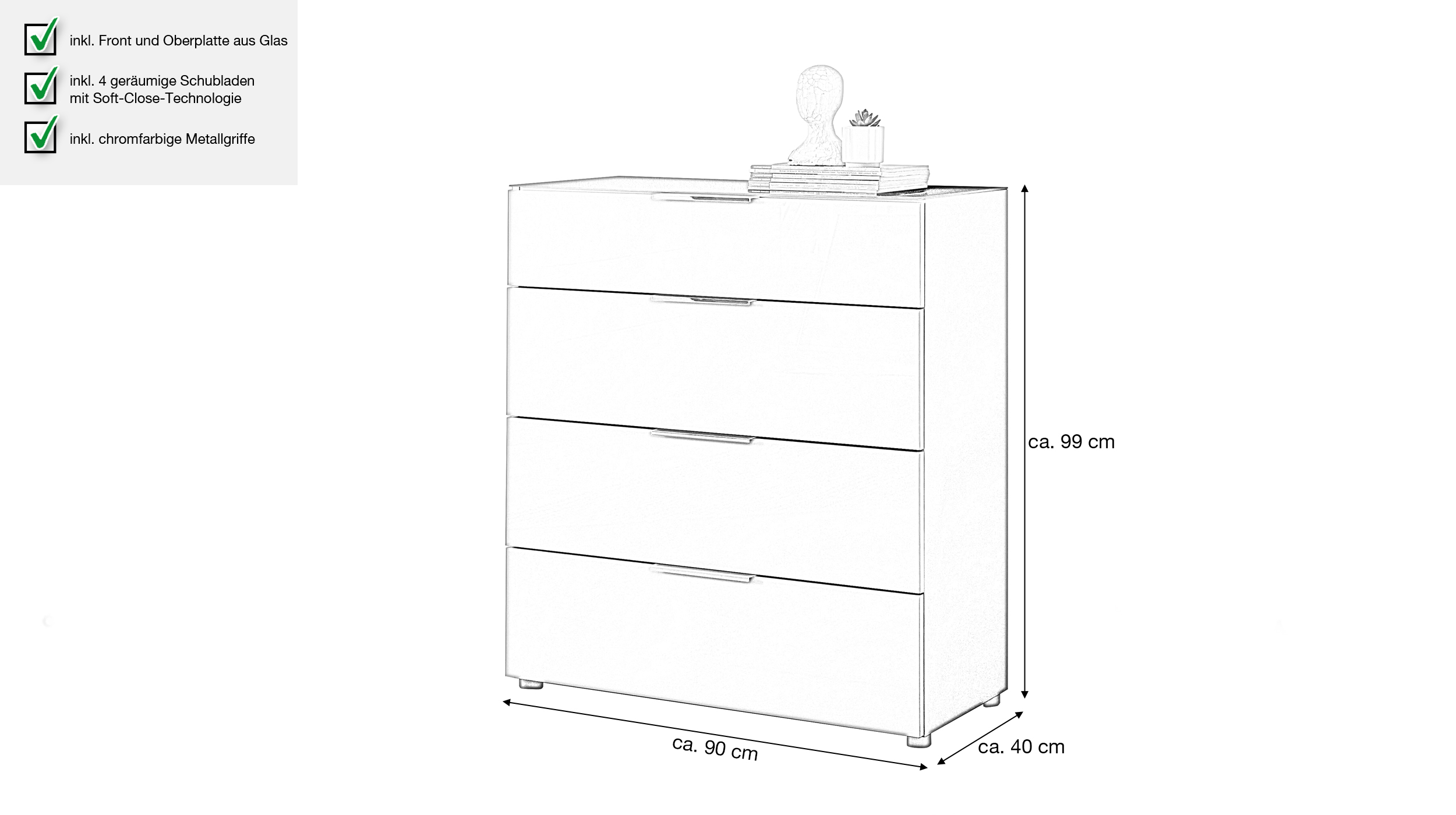 Kommode 4 Schubladen - anthrazit - Glasfront - 90 cm - SANTORIN