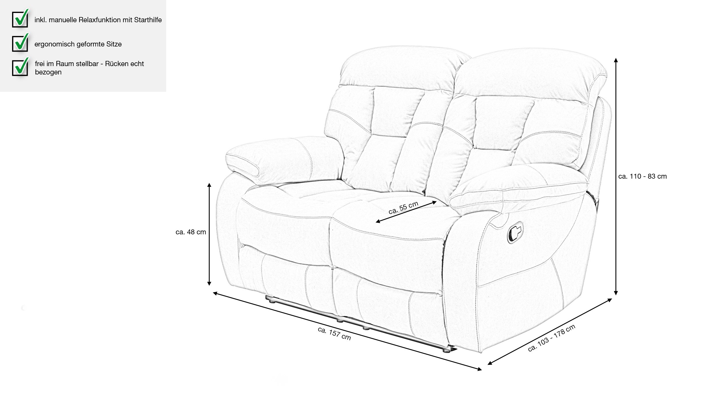 Einzelsofa Microfaser grau 157 cm - Relaxfunktion - SABINO