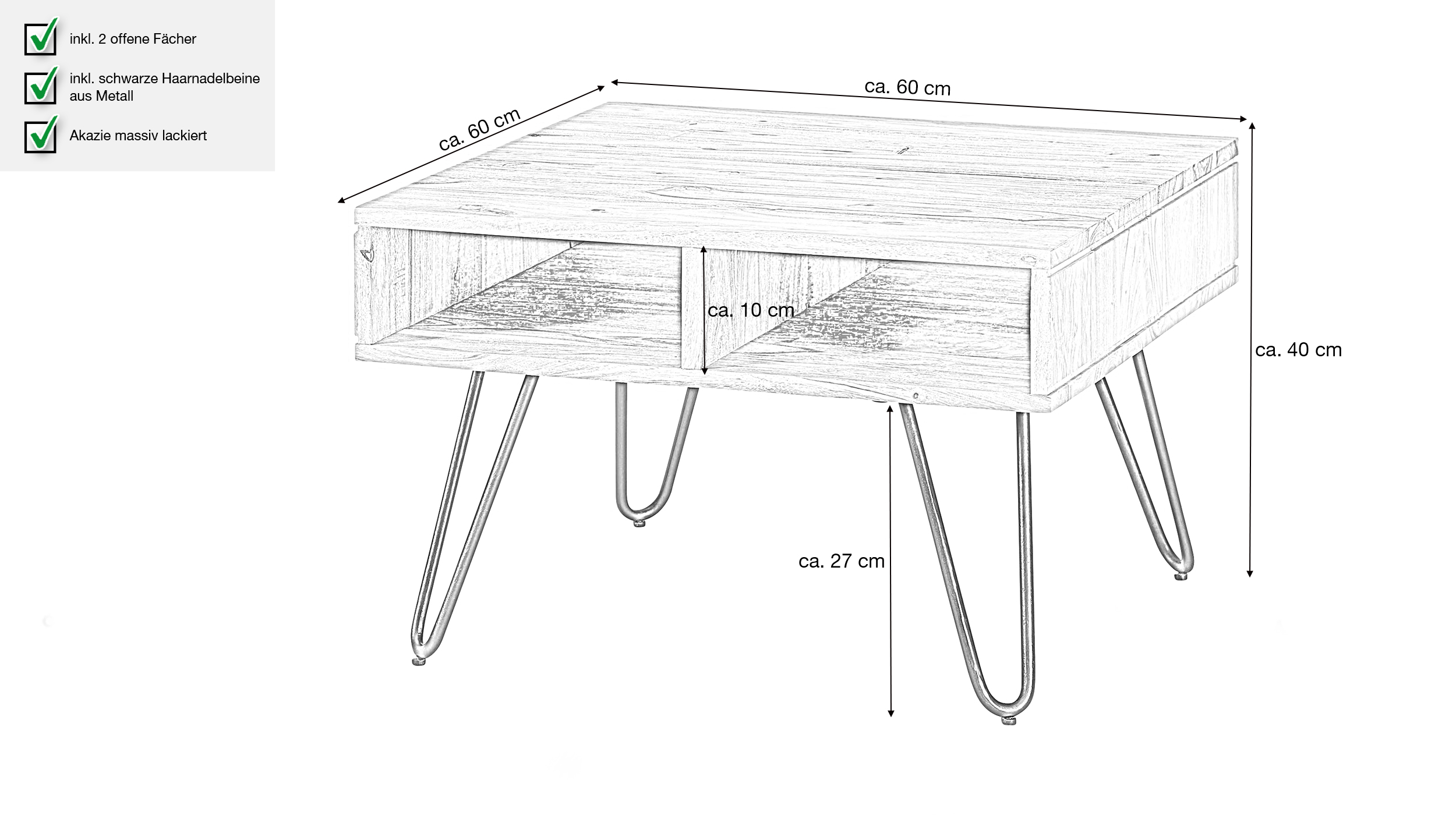 Couchtisch Akazie massiv lackiert 60 x 40 cm - VILDA