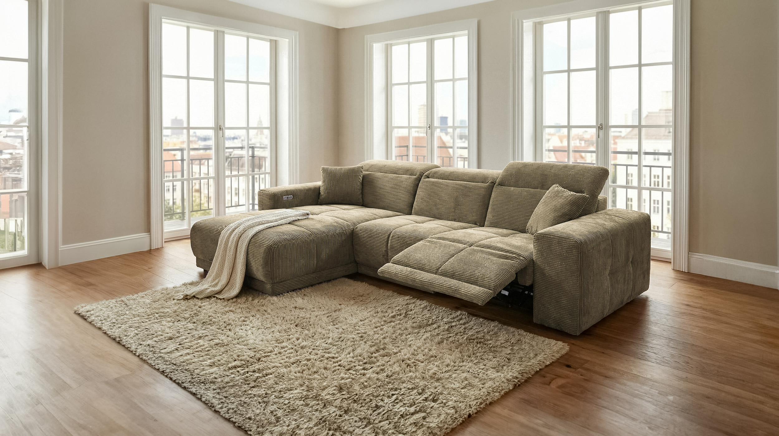 Ecksofa Cord grün 302 x 167 cm mit Relaxfunktion - OT links - TONI