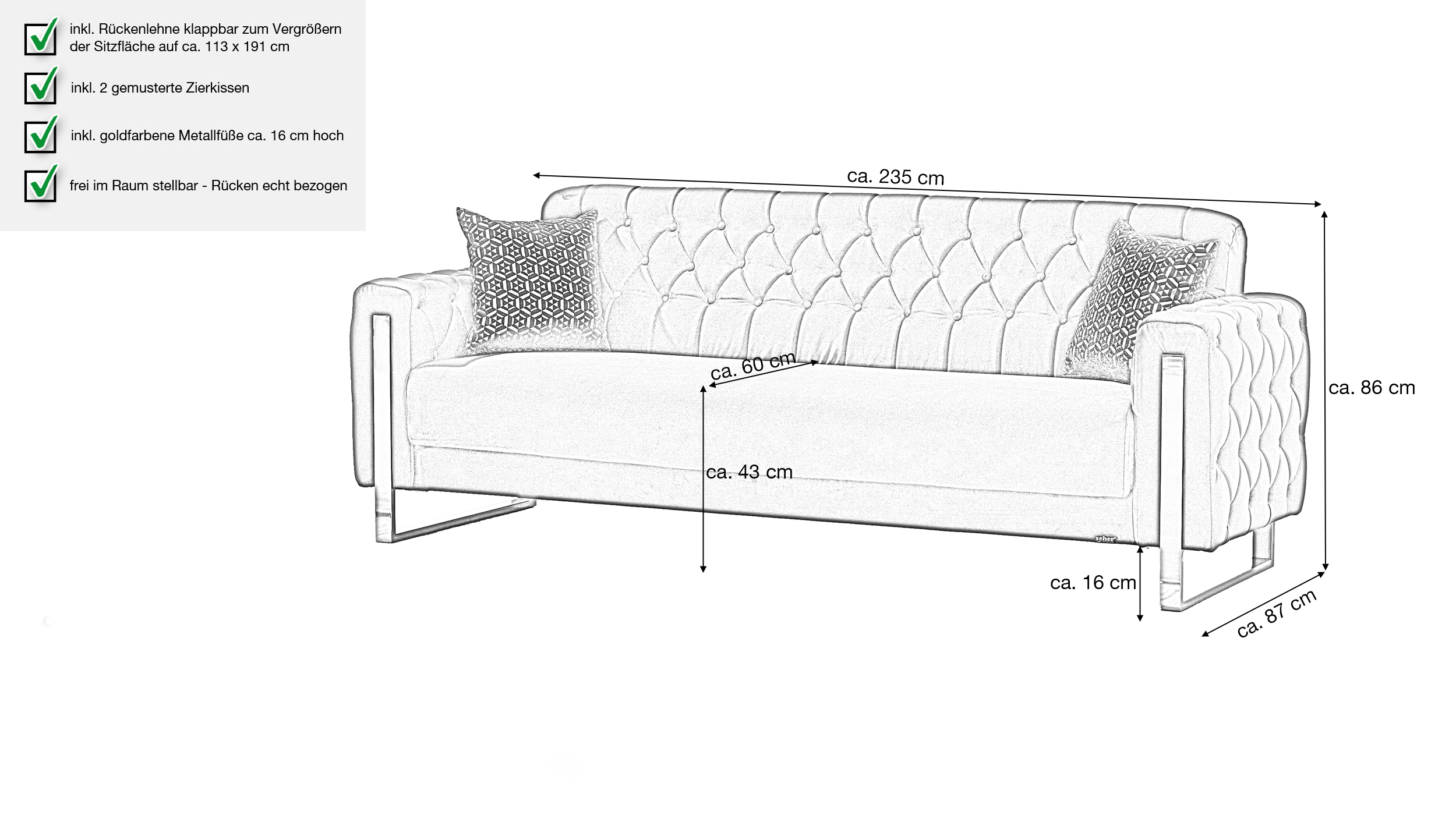 Einzelsofa mit Bettkasten 3-Sitzer schwarz - gold 235 cm - CRYSTAL