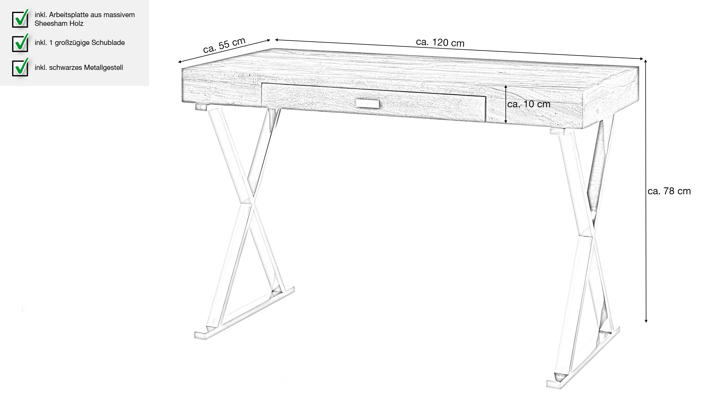 Schreibtisch 120 cm Sheesham massiv - Schublade - SOLVIG