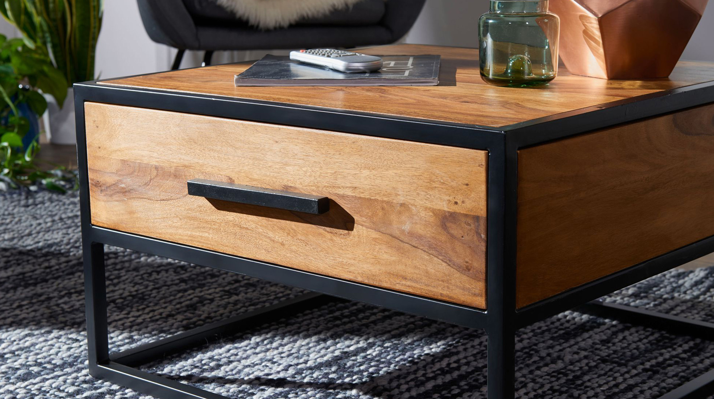 Couchtisch mit Schublade Sheesham massiv gebeizt 65 x 65 cm - SIGNE