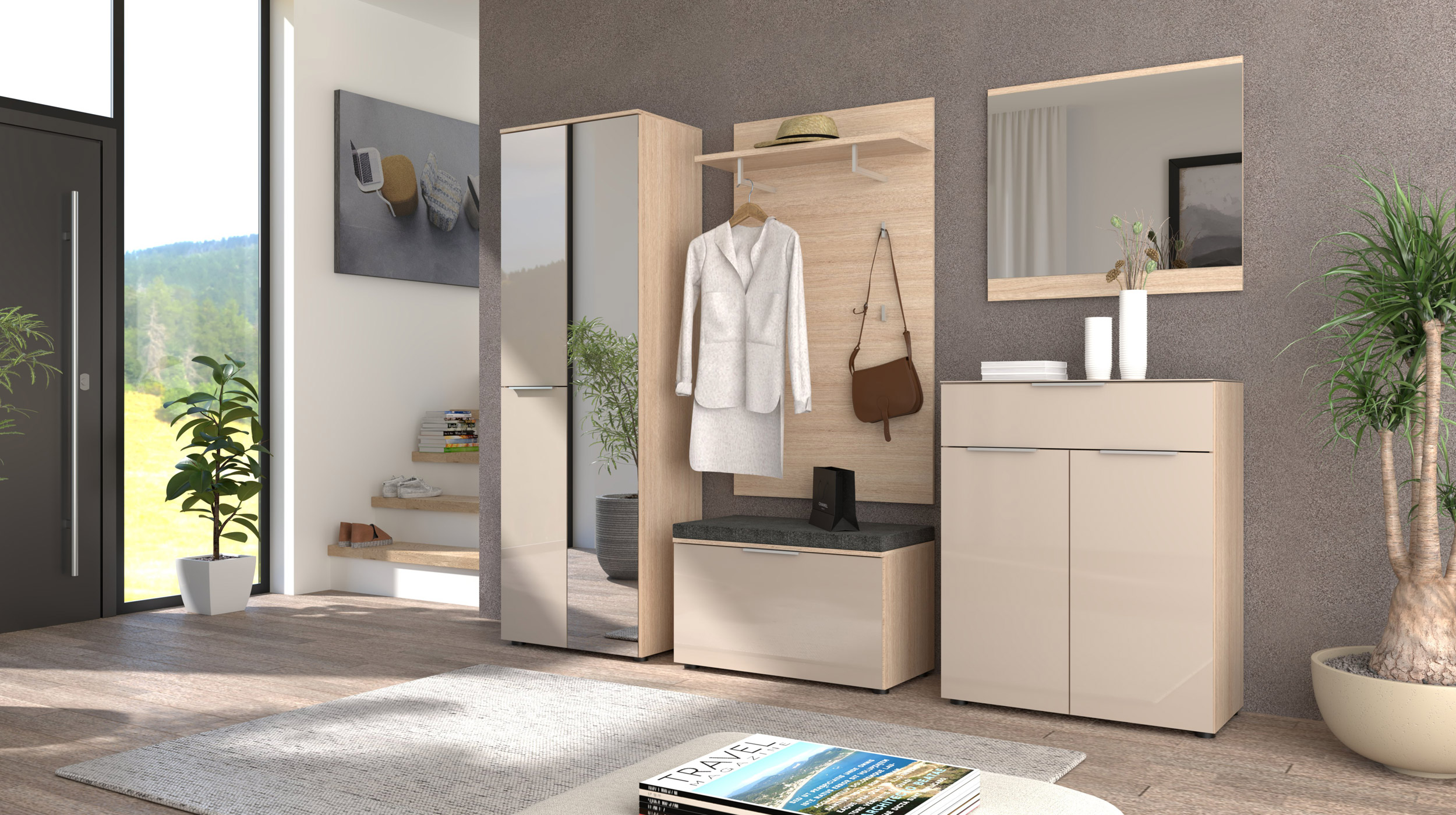 Kommode mit Schublade beige Glasfront Riva Eiche 80 cm - SANTORIN