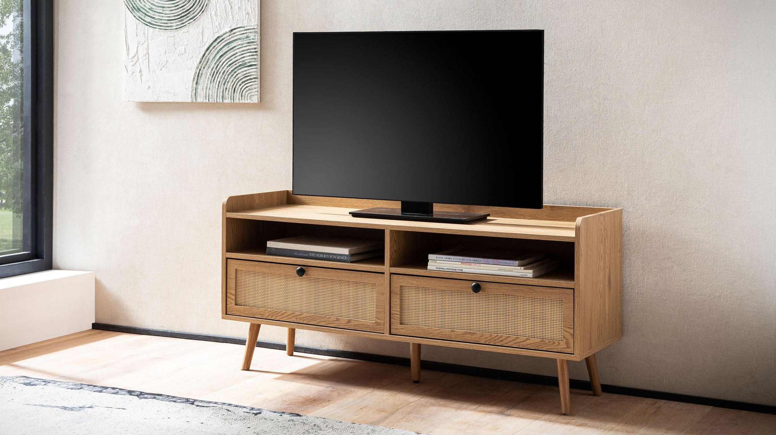 TV - Lowboard Eiche teilmassiv - Polyrattan 120 cm - RATVAN